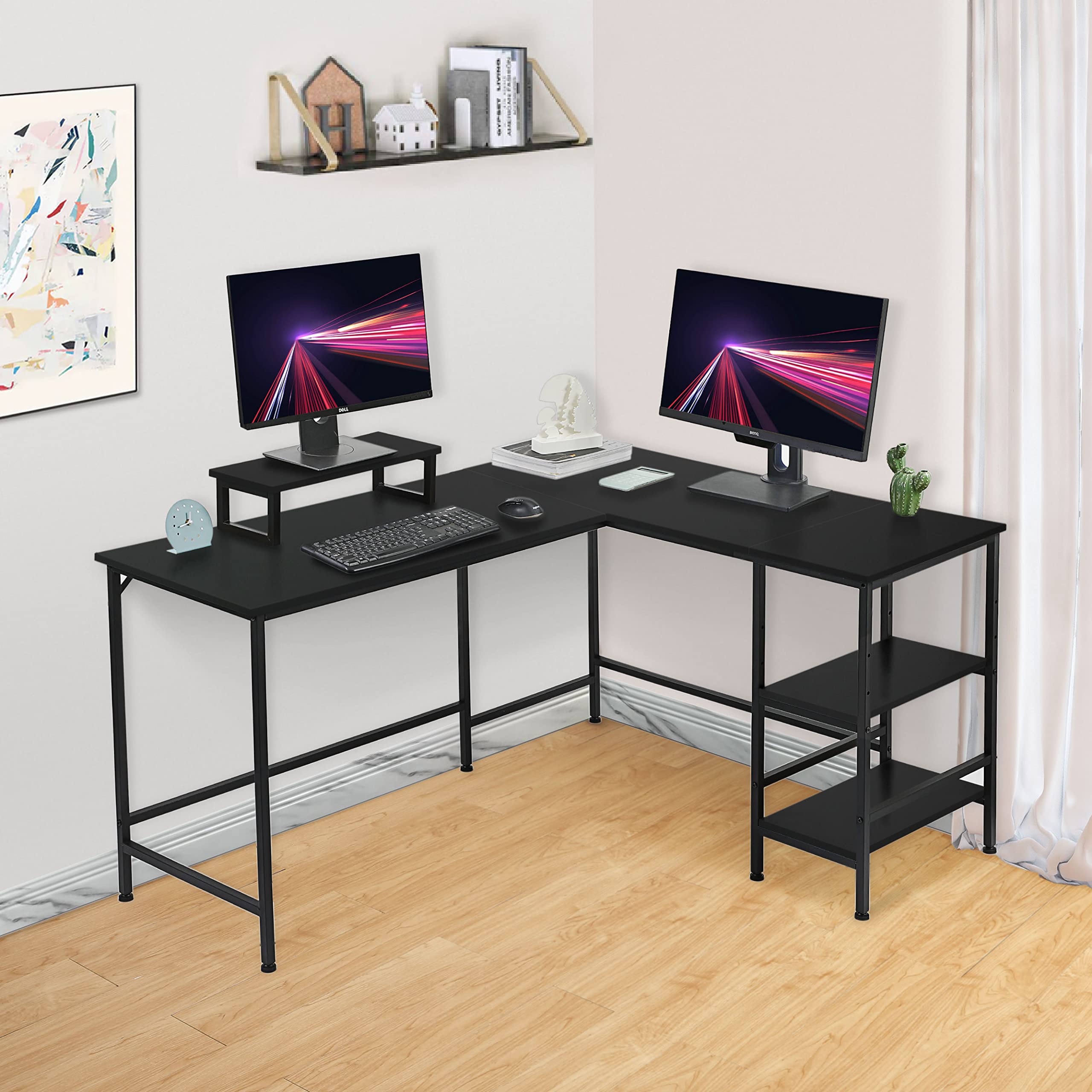 L-Shaped Corner Computer Desk with Storage Shelves - Large Gaming & Workstation Desk with Monitor Stand for Home Office, Study, or Gaming Room - Black