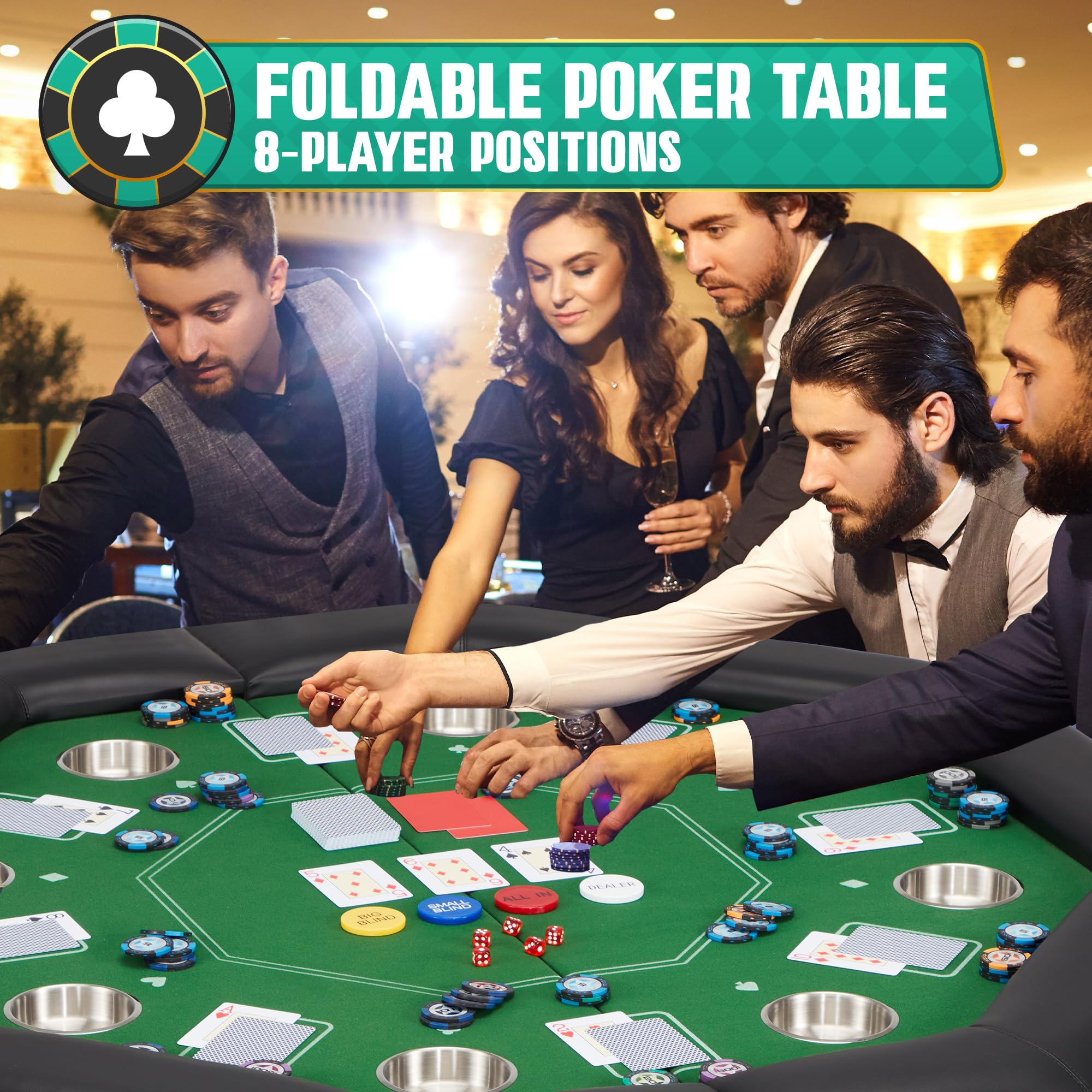 ECOTOUGE 8-Player Foldable Poker Table with Padded Rails & Stainless Steel Cup Holders - Octagon Texas Holdem Blackjack Casino Game Table for Home, Parties & Game Nights - Easy Assembly & Portable Design