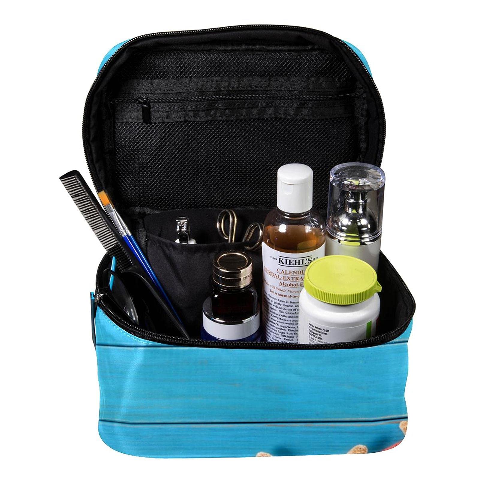 Starfish Sunglasses & Blue Wooden Board Travel Makeup Bag - Large Cosmetic Organizer with Zipper for Women & Girls | Perfect for Beach Vacations, Travel & Daily Makeup Storage