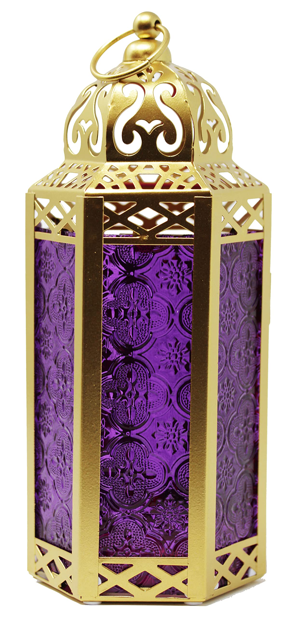 VELA Moroccan Gold Candle Lantern - Decorative Hanging & Tabletop Candle Holder for Ramadan, Weddings & Home Decor - Purple Glass Medium Size - Perfect for Indoor Living Room, Outdoor Patio & Porch Lighting