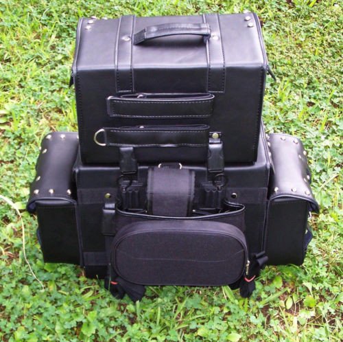 Motorcycle Sissy Bar Bags & T-Bags Set - 4 Piece Leather Luggage with Padded Backrest & Studded Design for Harley, Cruiser Bikes | Long Distance Riding & Road Trips