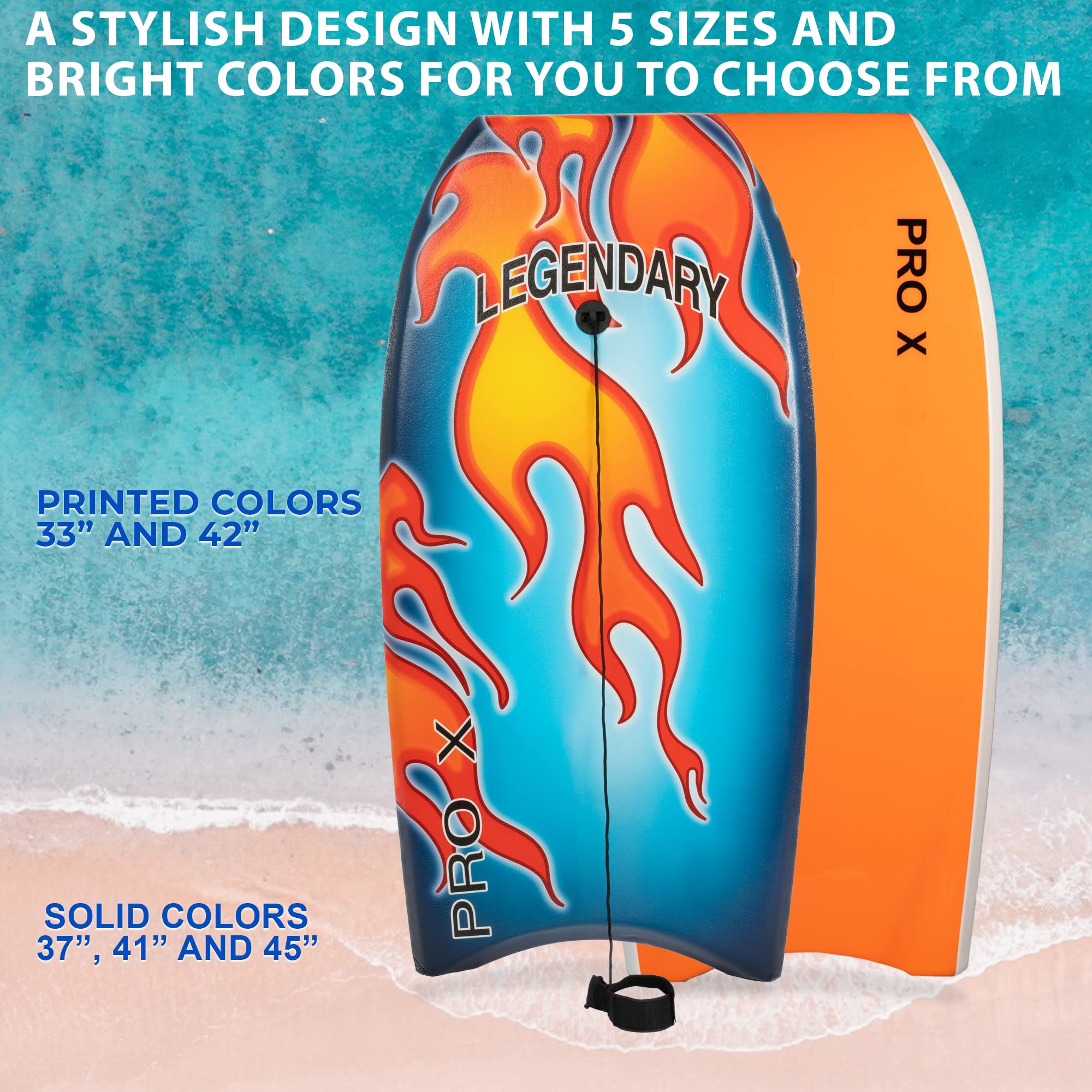 Legendary Pro X Bodyboard - Premium Hard Slick Bottom Boogie Board for Kids & Adults - Heat Sealed EPS Core with Leash - Perfect for Beach Waves, Surfing & Water Sports
