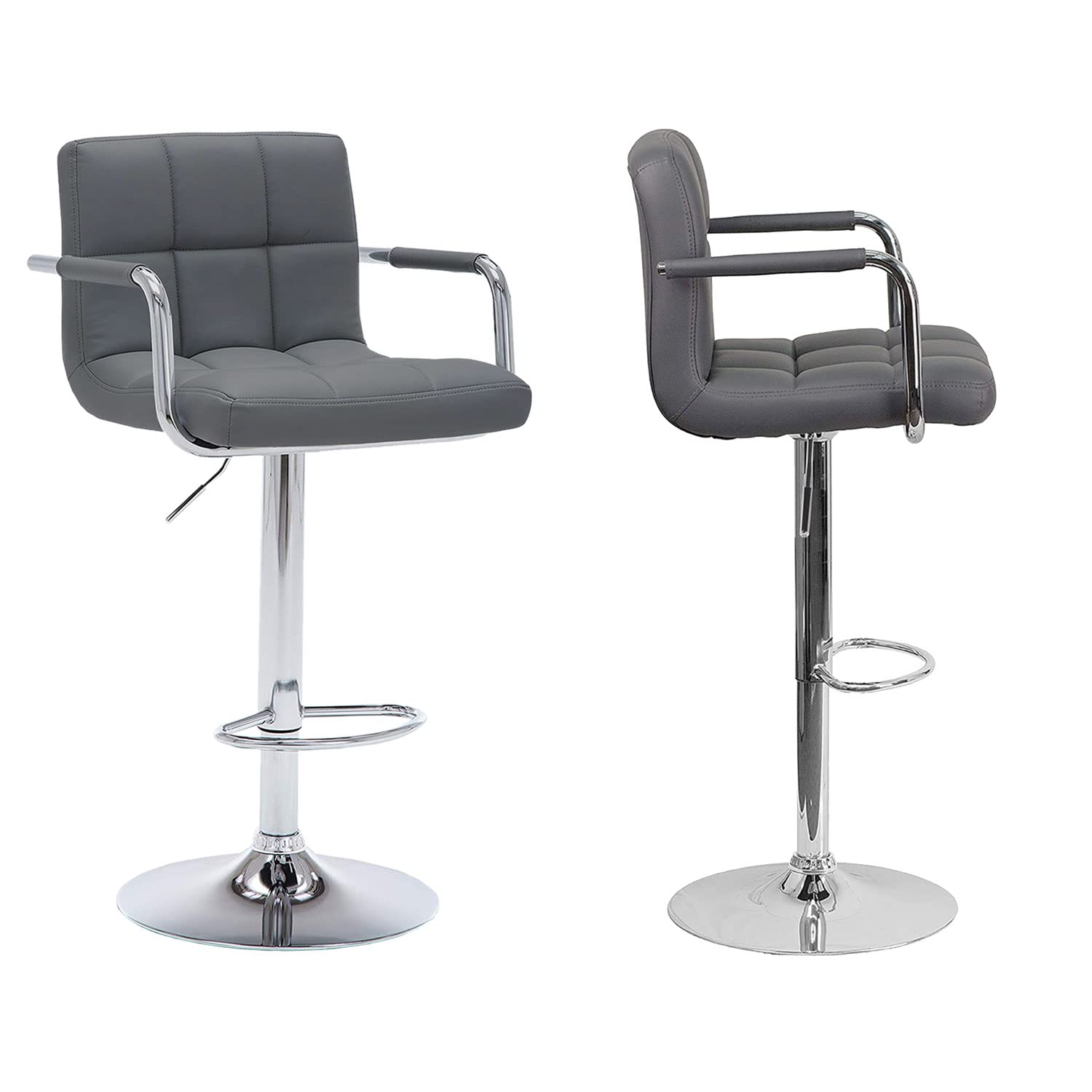 Modern Adjustable Bar Stools Set of 2 - Grey Kitchen Counter Stools with Armrests, 360° Swivel Seat, Footrest & Height Adjustment - Perfect for Breakfast Bars, Kitchen Islands & Home Bars