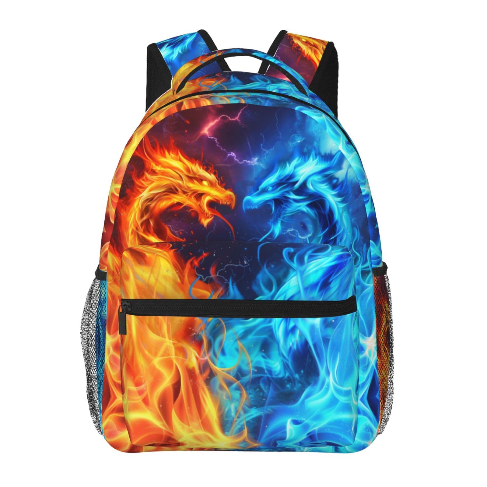 **Dragon Backpack for Kids & Teens - Lightweight Adjustable School Bookbag for Boys & Girls, Elementary to High School, Travel Daypack (Red/Blue Fire Design) - Cool Galaxy & Lightning Prints - Perfect for School, Travel & Gifts**