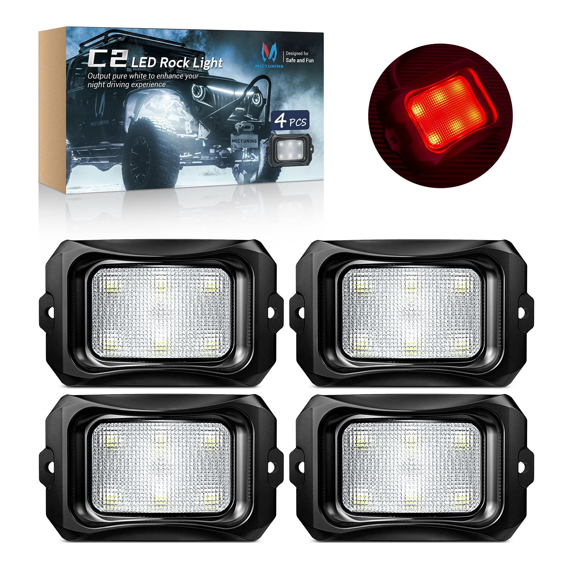 MICTUNING C2 Curved Red LED Rock Lights - 4 Pods Underglow Kit for Cars, Trucks, Offroad Vehicles, ATV, UTV, Boats | Waterproof Off-Road Lighting for Night Driving, Car Shows & Underbody Decoration