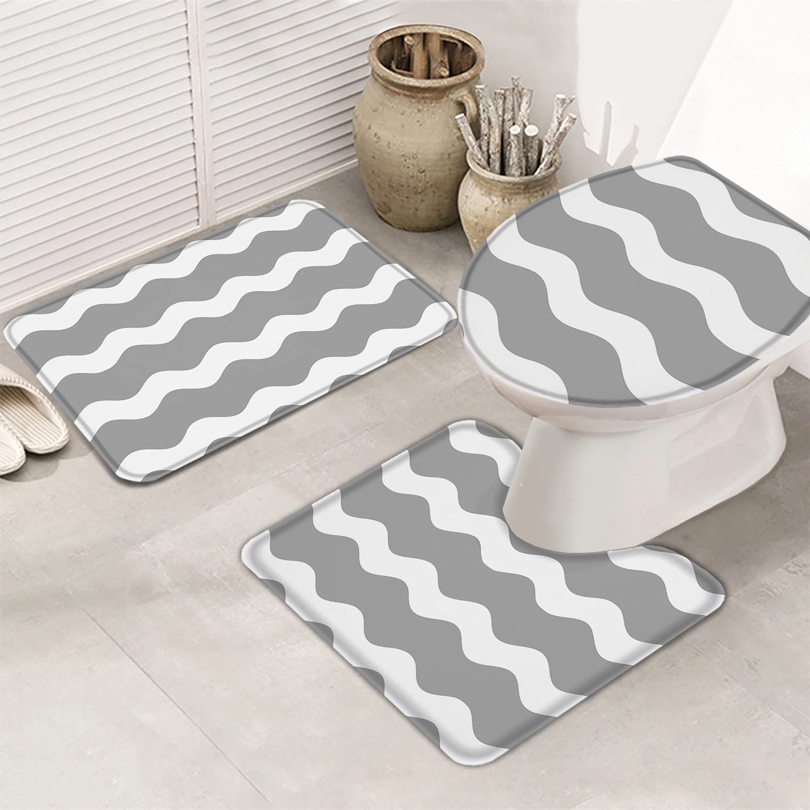 3-Piece Non-Slip Bathroom Rug Set - Gray & White Wave Design Contour Mat, Toilet Lid Cover & Absorbent Shower Mat | Soft Minimalist Stripes Bath Mats for Modern Bathrooms, Spa-Like Comfort & Slip Protection