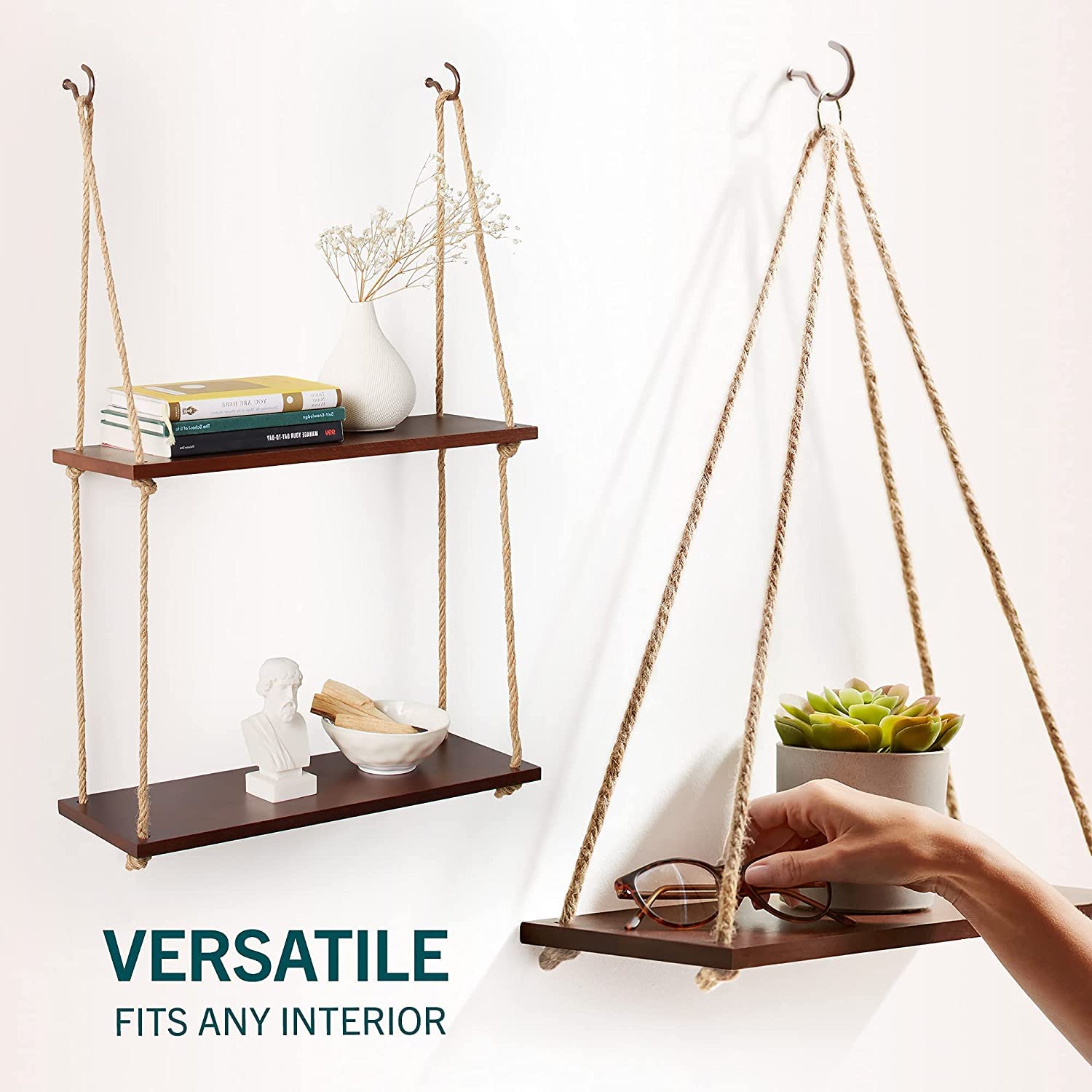 UHUD CRAFTS Adjustable Rope Hanging Shelves Set of 2 - Lightweight Wooden Wall Shelves for Plants, Books & Decor | Perfect for Bedroom, Living Room & Office Organization