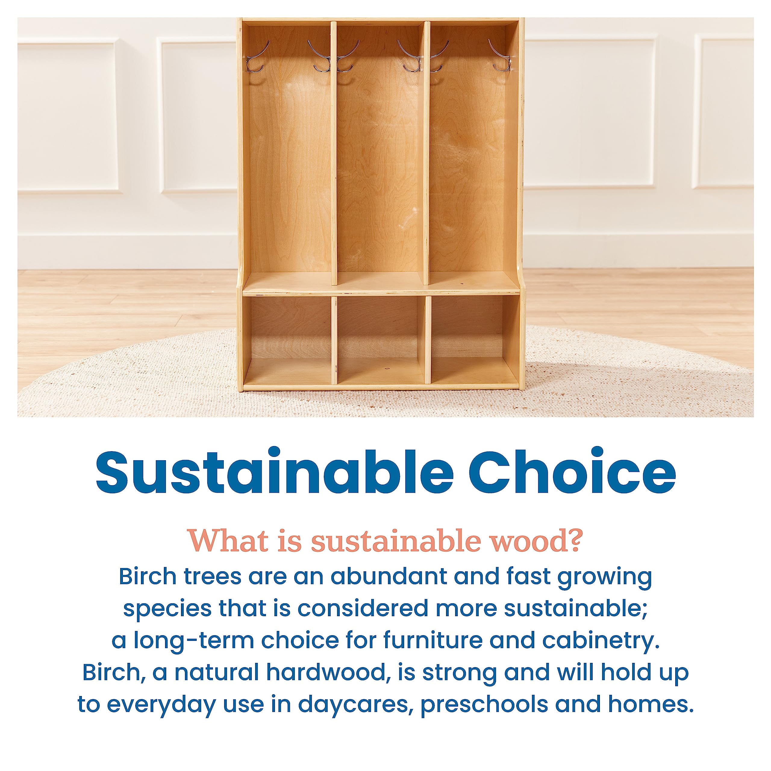ECR4Kids 3-Section Toddler Coat Locker with Bench - Natural Wood Kids Storage Furniture for Daycare, Preschool & Home Entryway Organization