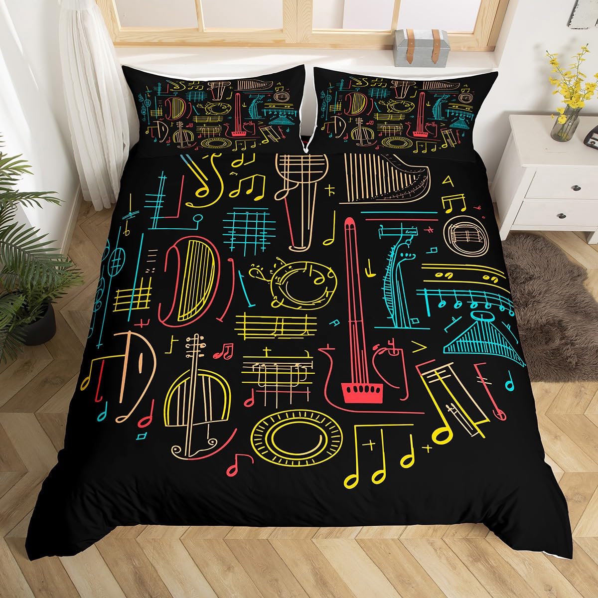 Erosebridal Musical Instruments Duvet Cover Set - Twin Size Drum Kit & Saxophone Design, Colorful Music Theme Comforter Cover for Kids Bedroom Decor (Black) | Perfect for Boys & Girls Room, Music Lovers Gift, Band Theme Bedding