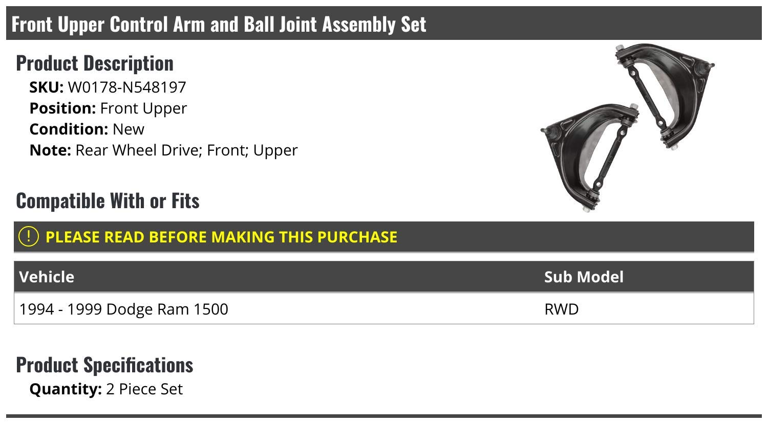 Premium Front Upper Control Arm & Ball Joint Assembly - Set of 2 - Fits 1994-1999 Dodge Ram 1500 RWD - Heavy Duty Suspension Replacement for Smooth Ride & Off-Road Performance