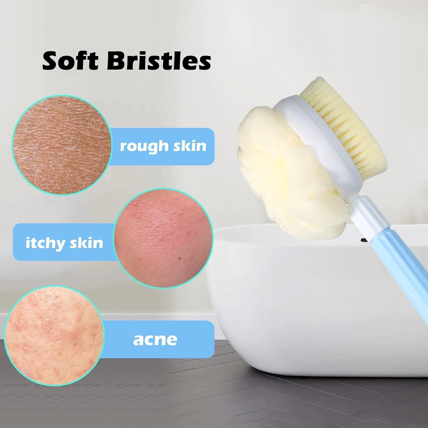 KIDPALACE Dual-Sided Body Scrubber Brush with Bristles & Loofah - Exfoliating Shower Brush for Deep Cleansing & Massage - Long Handle Bath Brush for Back, Feet & Skin Care - Perfect for Spa, Home & Travel Use