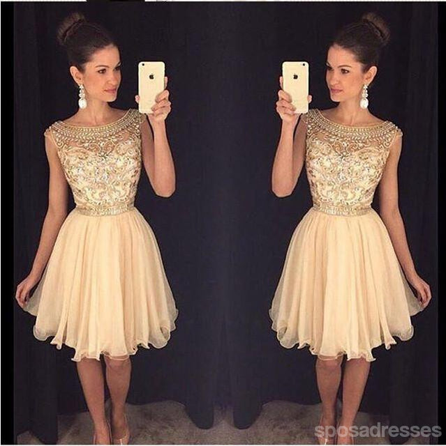 Elegant Champagne Beaded Sheer Prom Dresses for Homecoming - CM0011 | Sexy Evening Gowns for Formal Dances & Special Occasions
