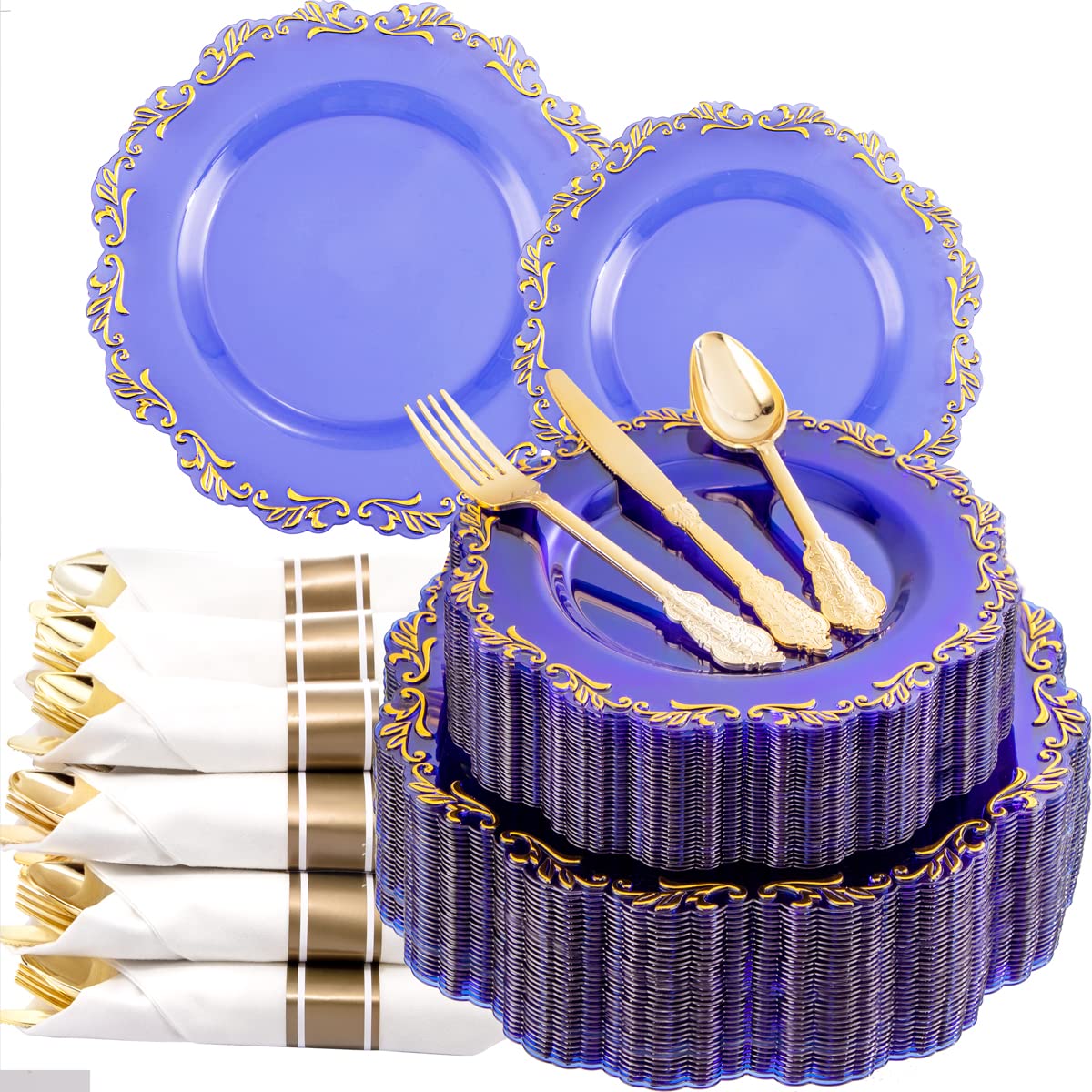 PULOTE 40-Pack Blue Plastic Plates with Gold Rim - Elegant Disposable Dinnerware Set Includes 80 Plates, 40 Napkins & Gold Silverware - Perfect for Weddings, Parties, Bridal Showers & Formal Events