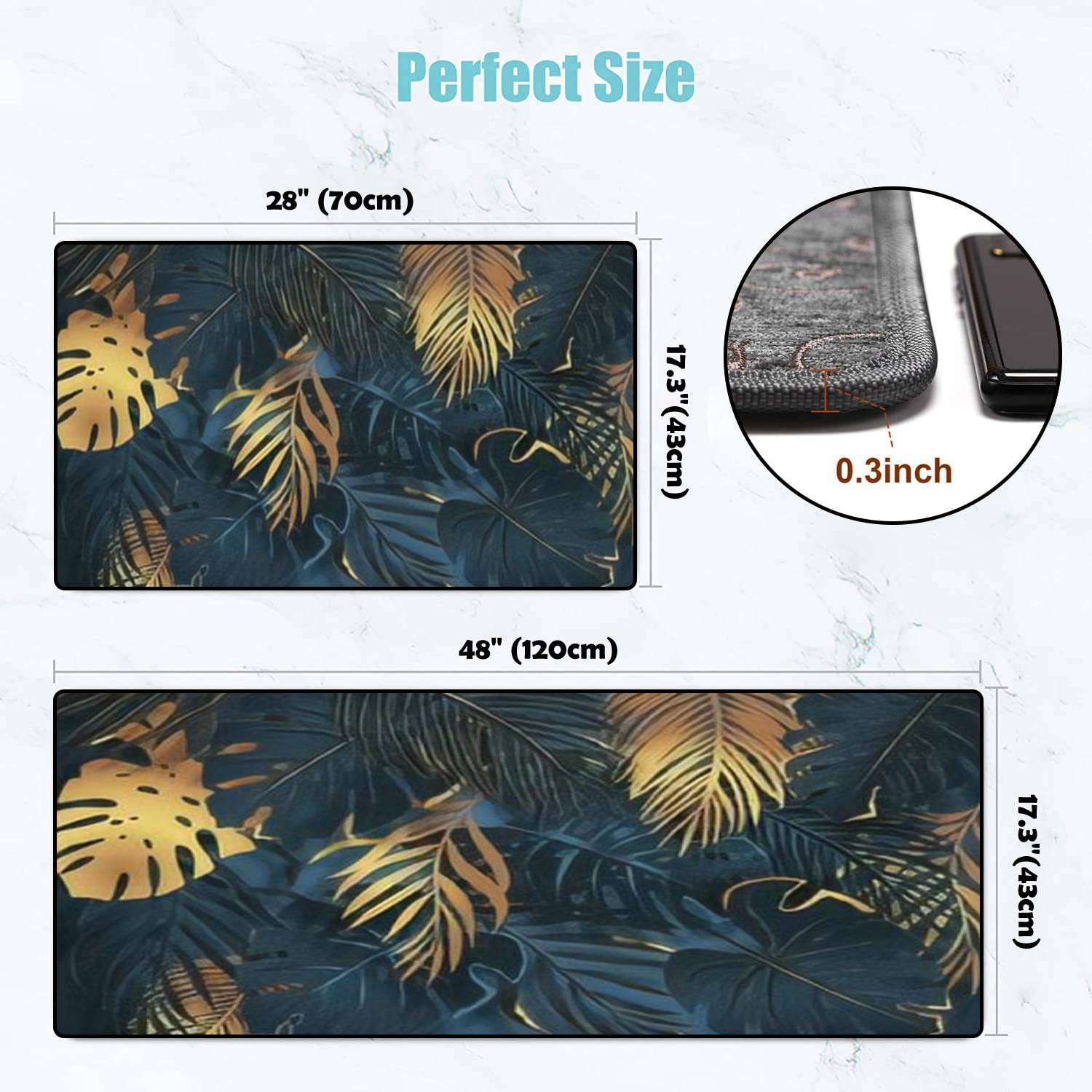 Non-Slip Washable Kitchen Rugs Set - Gold & Dark Turquoise Tropical Leaf Design, Exotic Botanical Floor Mat for Kitchen, Bathroom & Entryway - Perfect for Comfort Standing, Decor & High Traffic Areas