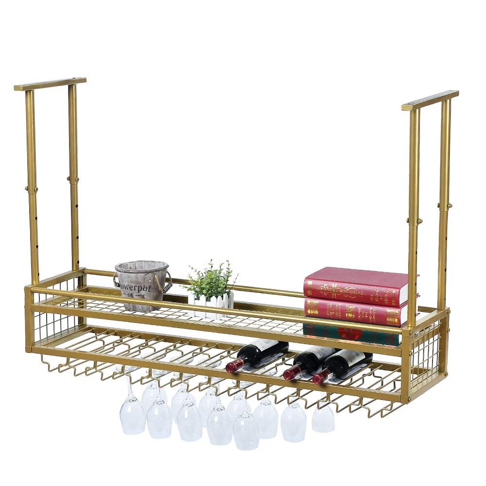 **47.2in Adjustable Metal Wine Glass Rack - Ceiling & Wall Mounted Hanging Holder for Bars, Restaurants & Home Kitchens - Industrial Iron Wine Shelf with Gold Finish (Perfect for Wine Storage & Display in Dining Rooms, Bars & Commercial Spaces)**