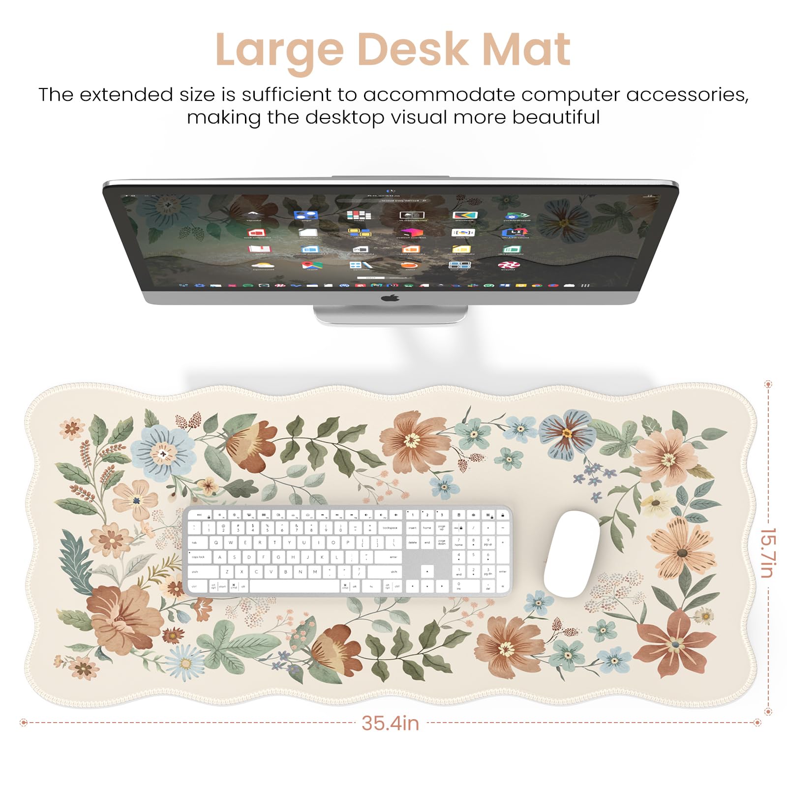 HAOCOO Non-Slip Floral Desk Mat with Edge Stitching - Large Washable Mouse Pad for Keyboard & Mouse, Office Aesthetics & Gaming - Perfect for Home Office, Workstation & Computer Desk (Beige)