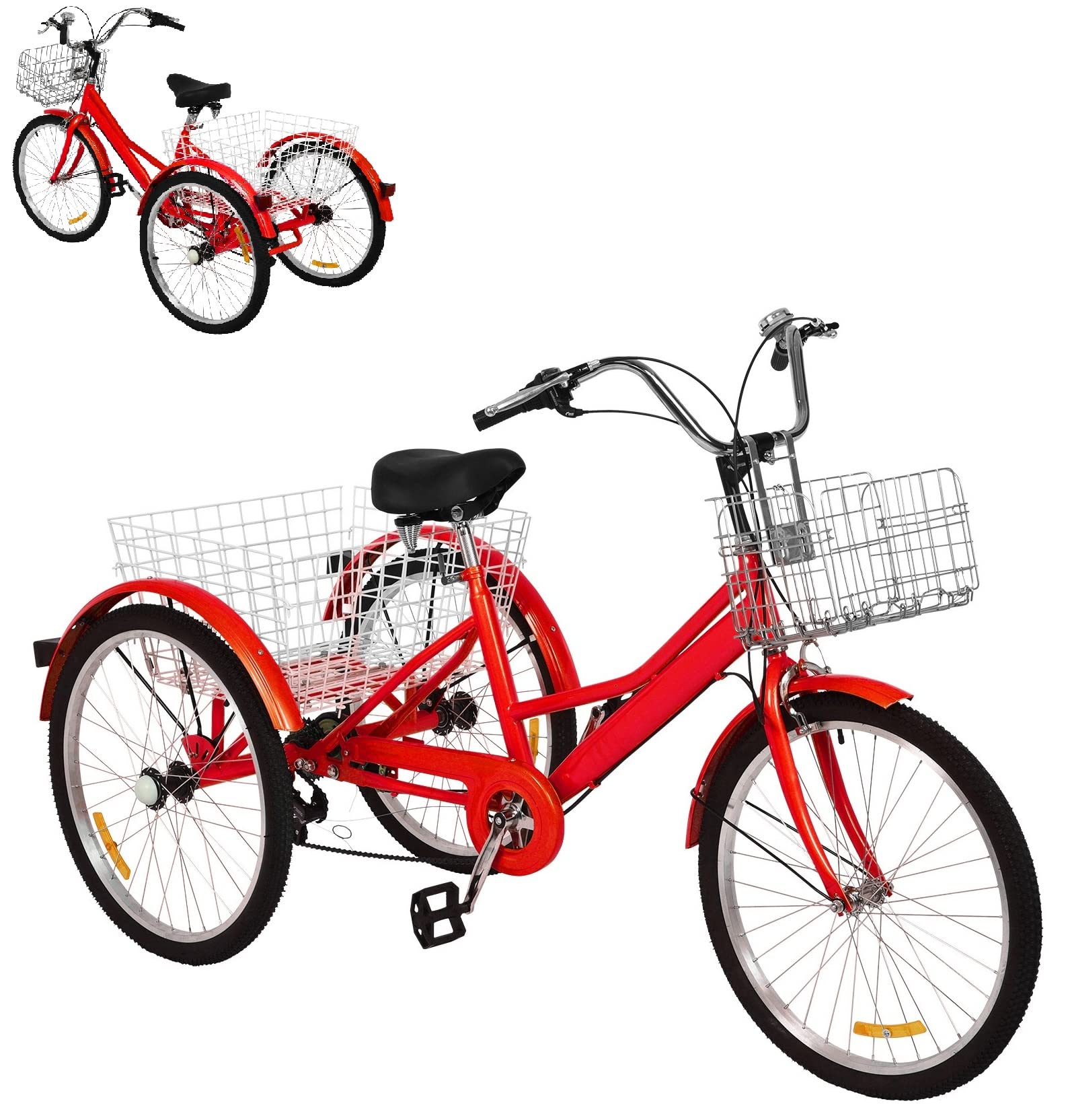 **24 Inch 7-Speed Adult Mountain Tricycle - Adjustable Height Cruiser Bike with 2 Baskets for Men & Women - Perfect for Exercise, Commuting & Outdoor Adventures**