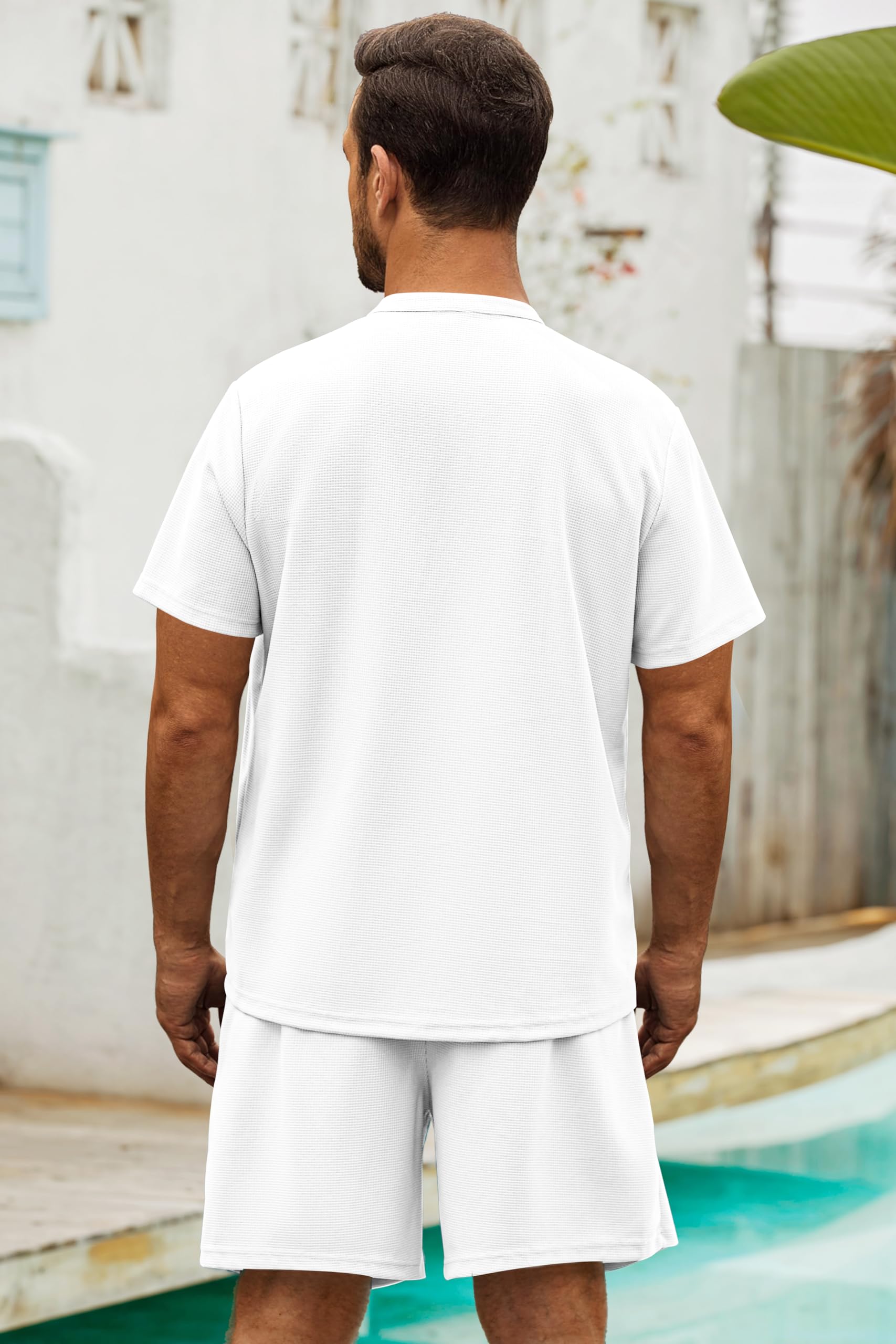 Men's Waffle Knit 2-Piece Summer Outfit - Breathable Short Sleeve Henley Shirt & Stretch Shorts Set | Casual Lounge Wear, Gym Clothes & Vacation Outfits