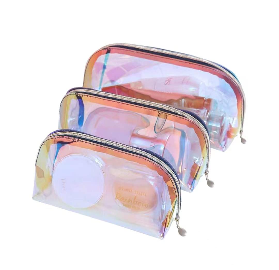 3Pcs Clear Holographic Makeup Bags with Zipper - Iridescent Cosmetic Organizer Pouch for Teens, Girls & Women - Waterproof Travel Toiletry Bag for Purse, School, Gym & Vacation Storage (Small Size)