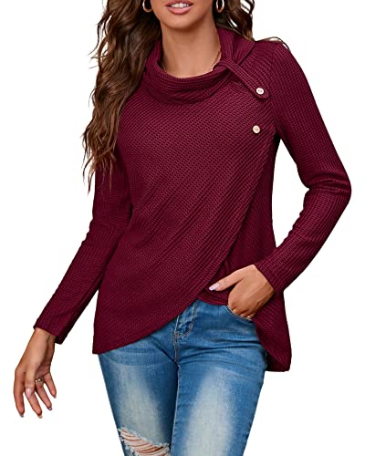 KILIG Women's Lightweight Cowl Neck Sweater - Long Sleeve Asymmetrical Waffle Knit Wrap Cardigan with Buttons | Perfect for Fall Layering, Office Wear & Casual Outfits