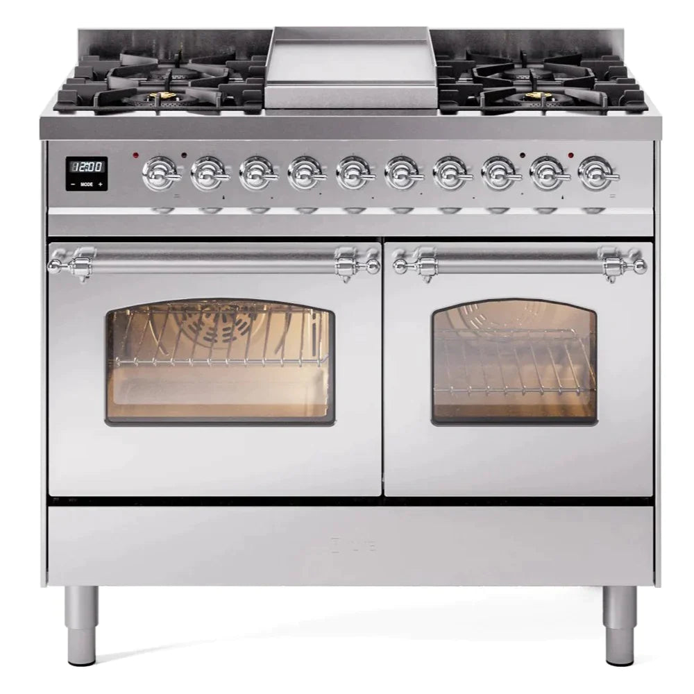 ILVE 40 Nostalgie II Series Freestanding Double Oven Dual Fuel Range - 6 Sealed Burners & Griddle - Professional Gas & Electric Range for Home Kitchen - Perfect for Baking, Roasting & Family Cooking (Model UPD40FNMP)