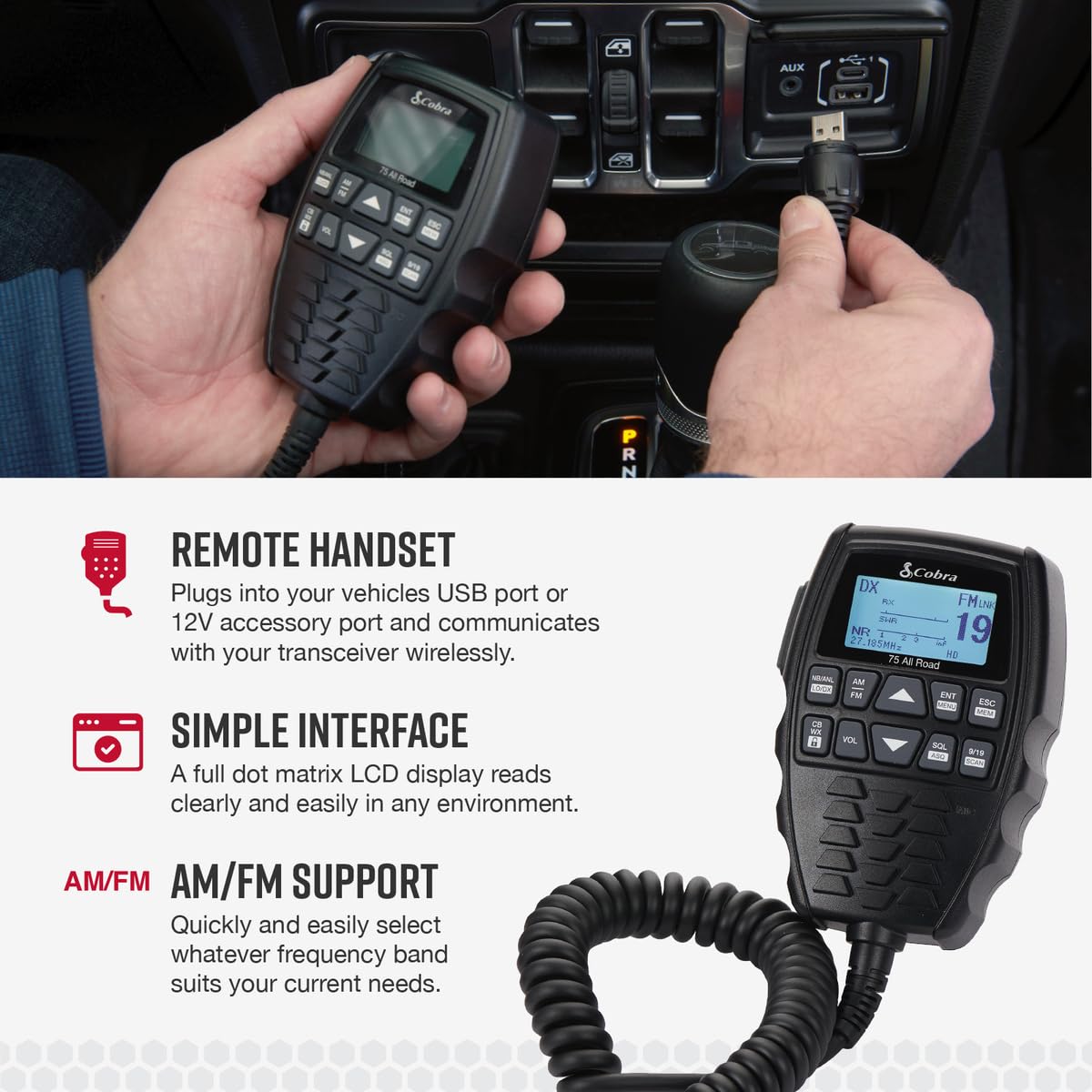 Cobra 75 All Road Wireless CB Radio - Dual-Mode AM/FM, 40 Channels, Bluetooth, Noise Cancellation, Waterproof, 4W Output (Black) | For Truckers & Off-Road Adventures