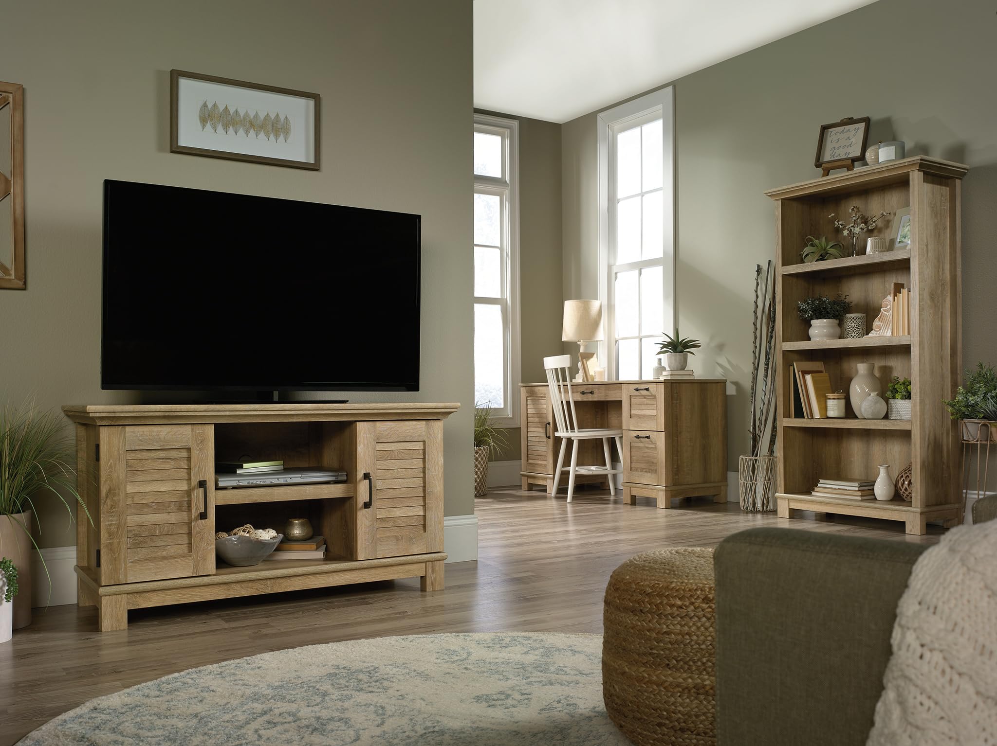 Sauder Garden Villa Tall Bookcase & Pantry Cabinet - Orchard Oak Finish - Perfect for Home Office, Living Room & Kitchen Storage
