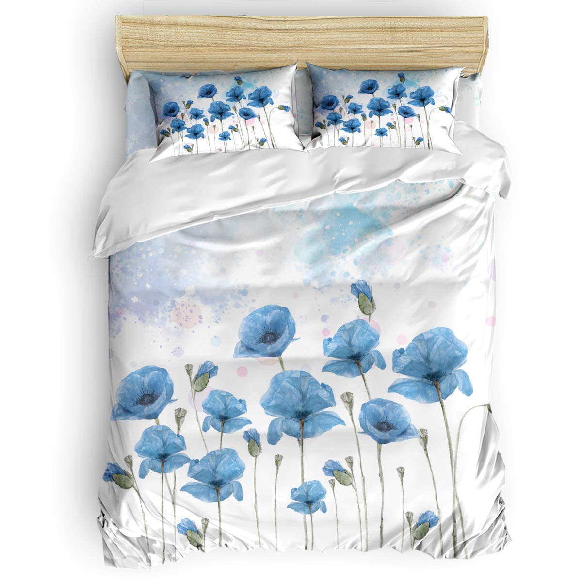 Anoreya Floral Duvet Cover Set King Size - 4 Piece Bedding Set with Duvet Cover, Microfiber Pillow Shams & Fitted Sheet - Blue Poppies Watercolor Flowers Design for Men & Women - Perfect for Master Bedroom, Guest Room & Cozy Home Decor