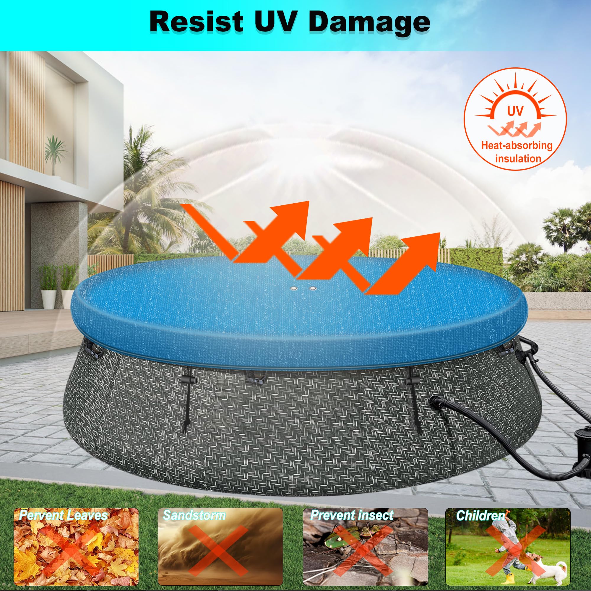 8Ft Round Inflatable Pool Cover for Above Ground Pools - Quick Installation, Waterproof & Dustproof - Prevents Waterlogging & Debris - Heavy Duty Blue Swimming Pool Cover for Summer, Winter Protection & Easy Maintenance