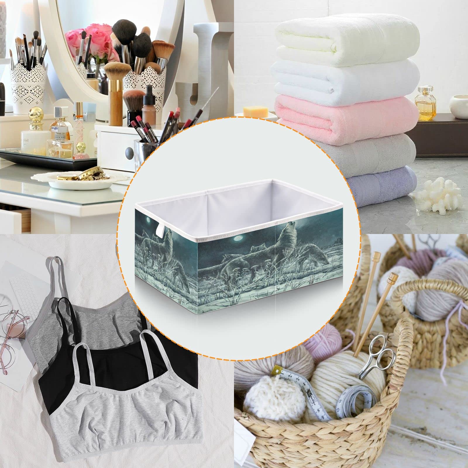 DOMIKING Foldable Storage Bins with Sturdy Handle - Wolves Howling Moon Design, Decorative Cuboid Organization Baskets for Closet, Shelves, Bedroom - Perfect for Gift Wrapping, Home Decor & Seasonal Storage