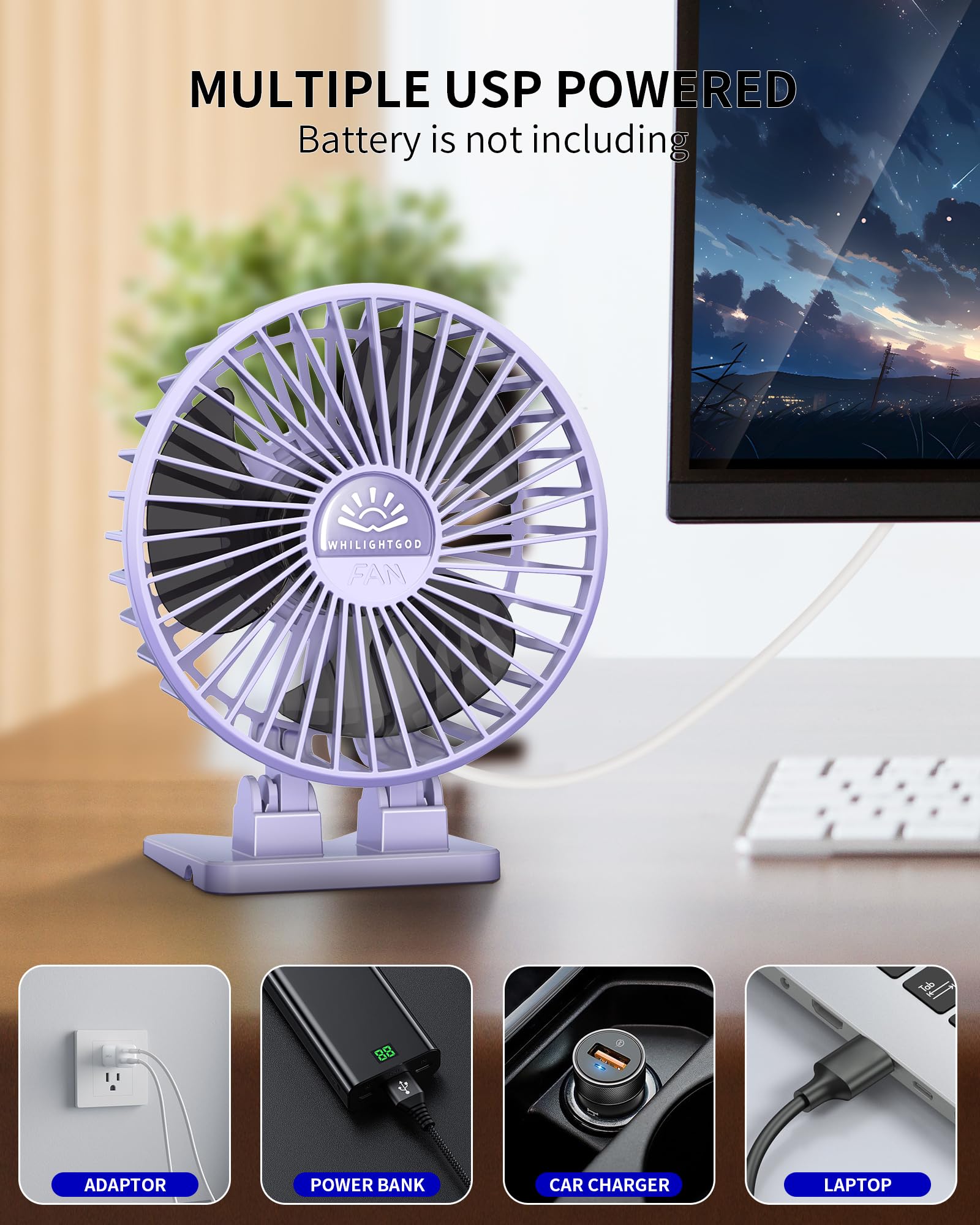 USB Desk Fan - 3 Speed Adjustable Mini Cooling Fan with Strong Wind, Portable Small Personal Fan for Home, Office, Table, Bedroom, Travel & Cruise | Quiet & Energy Efficient (Purple) - Perfect for Work, Study, Relaxation & Hot Weather Cooling