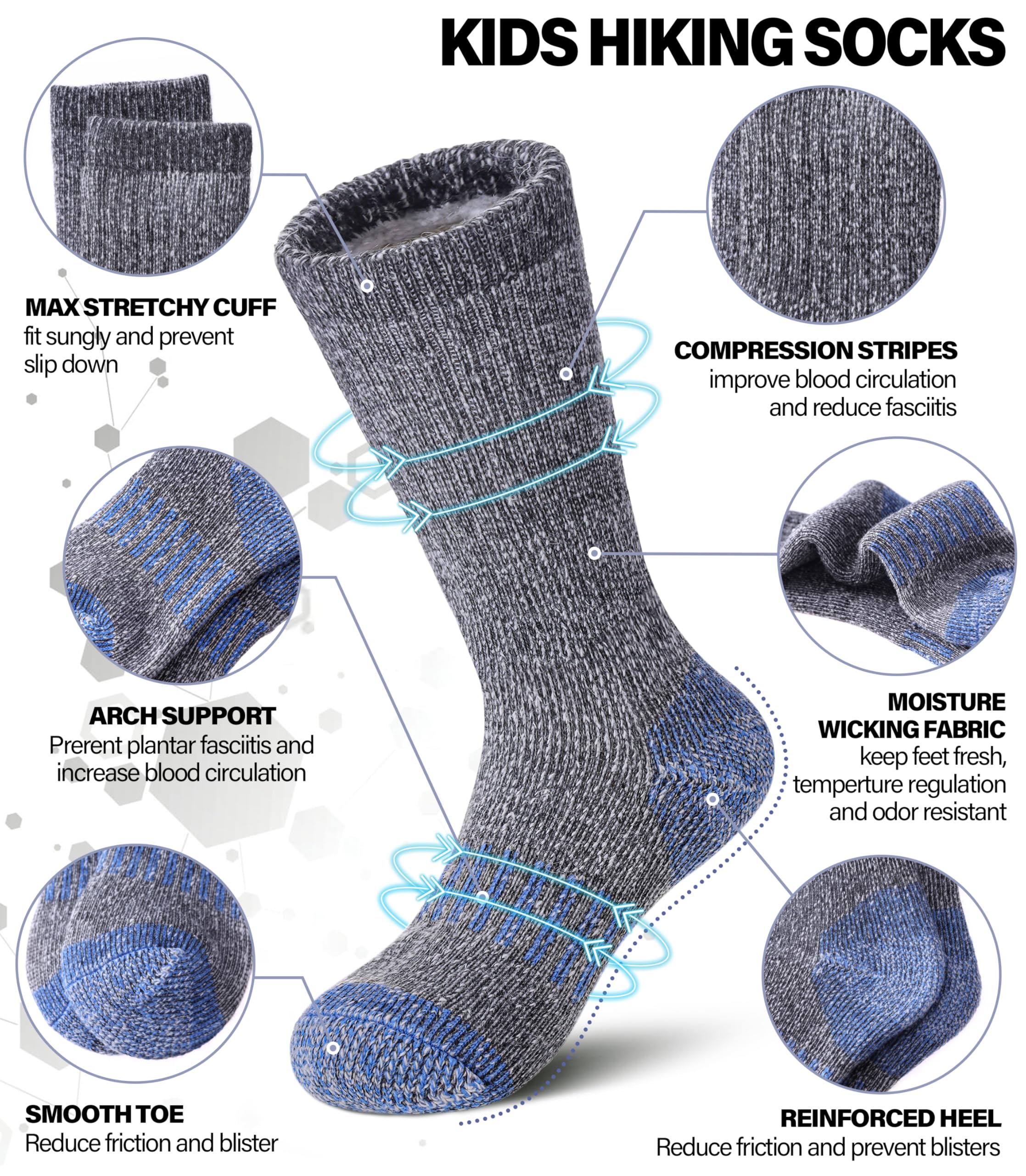 Kids Merino Wool Hiking Socks for Boys & Girls - Thermal Winter Warm Thick Cushioned Crew Socks for Boots | Perfect for Outdoor Adventures, Snow Play & Cold Weather Activities