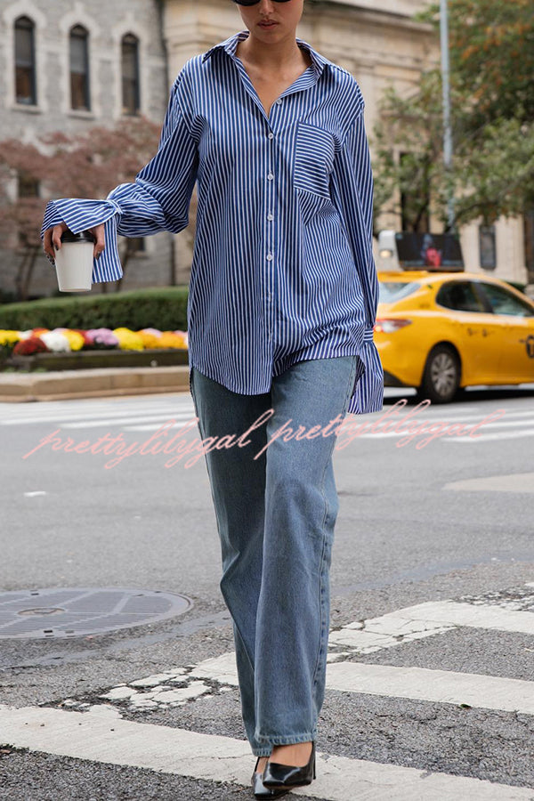 Women's Striped Print Ruffled Long Sleeve Blouse with Pockets - Casual Loose Fit Shirt for Work, Date Night & Everyday Wear