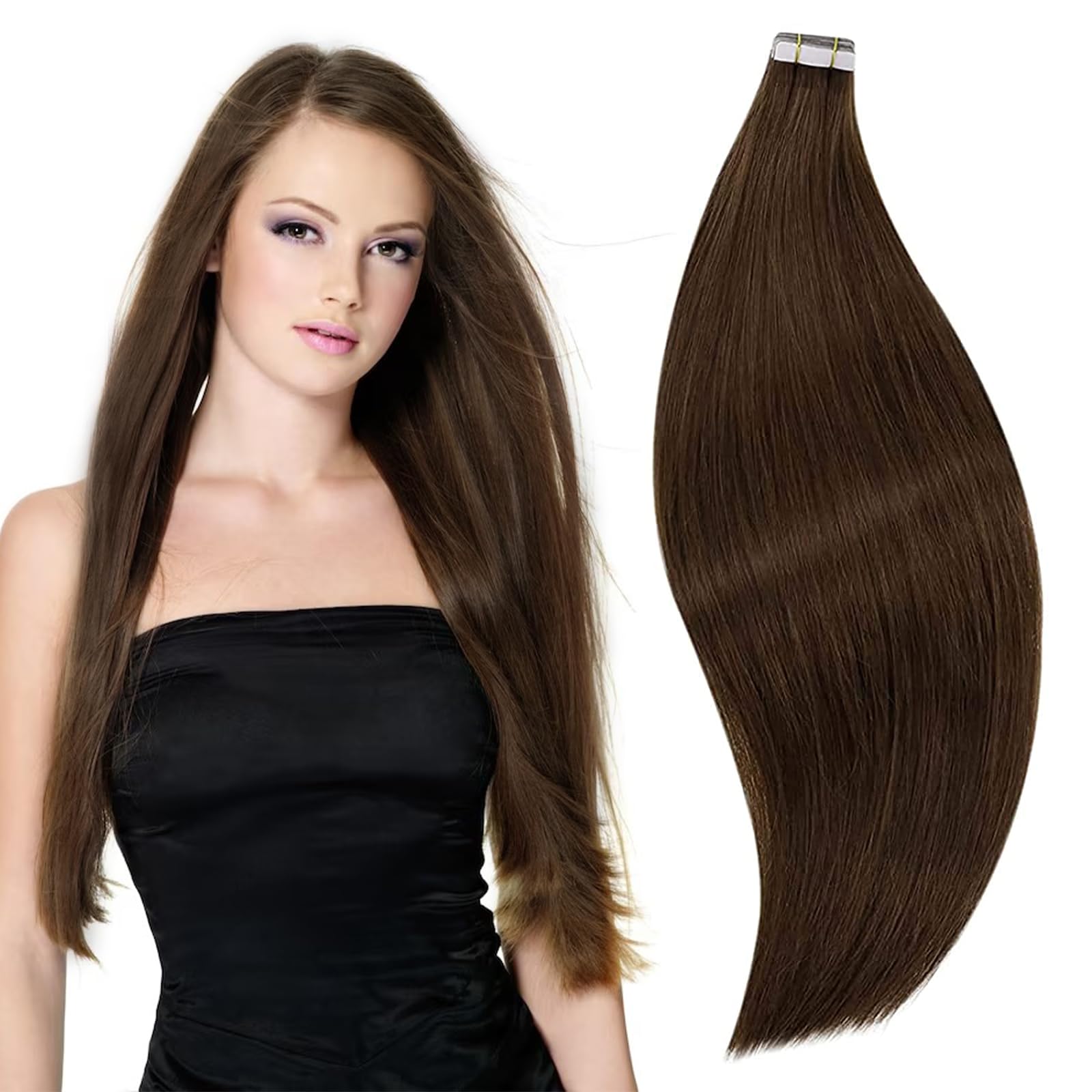 RUNATURE 18 Inch Brown Tape in Hair Extensions - 100% Remy Human Hair, Straight & Seamless Thick Hair Weft for Volume & Length | Perfect for Daily Wear, Wedding, Party & Special Occasions | Great for Thin Hair, Quick Styling & Instant Transformation
