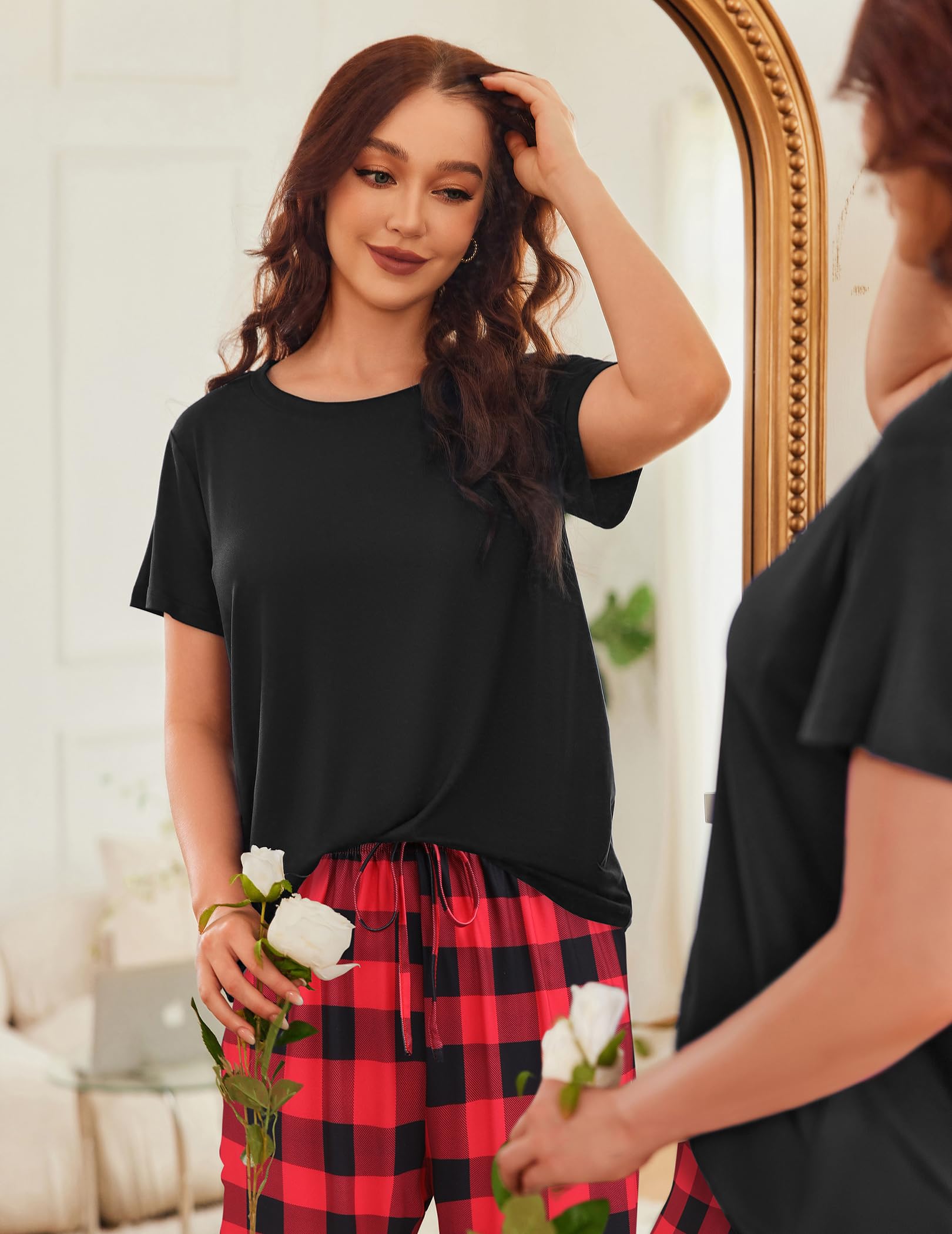 Ekouaer Women's Pajama Sets - 2 Pack Short Sleeve Sleepwear with Pockets, 4 Piece Lounge Pjs Set for Nightwear & Relaxing at Home