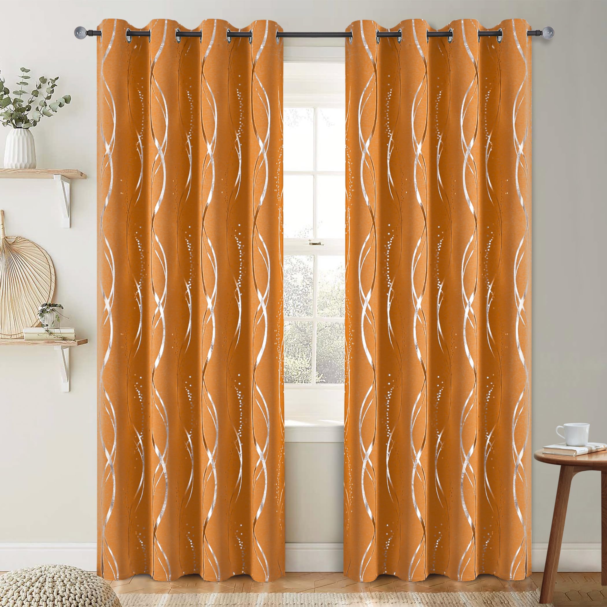 BUHUA Blackout Curtains 63 Inch Length 2 Panels Set - Thermal Insulated Noise Reducing Room Darkening Curtains for Bedroom Living Room with Wave Striped Foil Print (52 x 63 Inches, Orange) - Perfect for Home Theater, Nursery & Light Sleepers