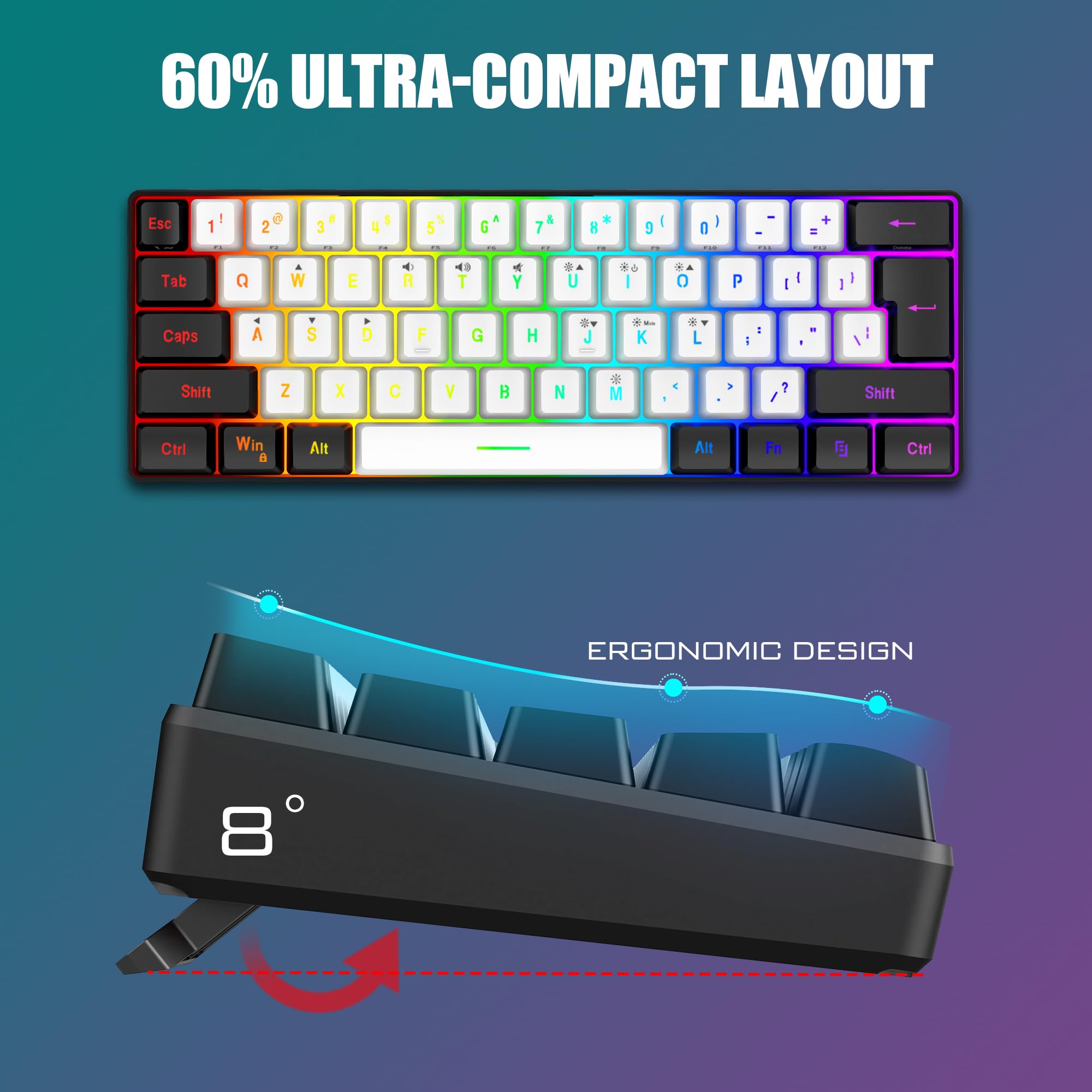 RedThunder 60% Mechanical Gaming Keyboard and Mouse Combo - RGB Backlit 61-Key Compact Keyboard with 7200 DPI Honeycomb Optical Mouse - Wired Gaming Set for PC, PS5, Xbox (White-Black) | Perfect for Esports, Streaming & Office Work
