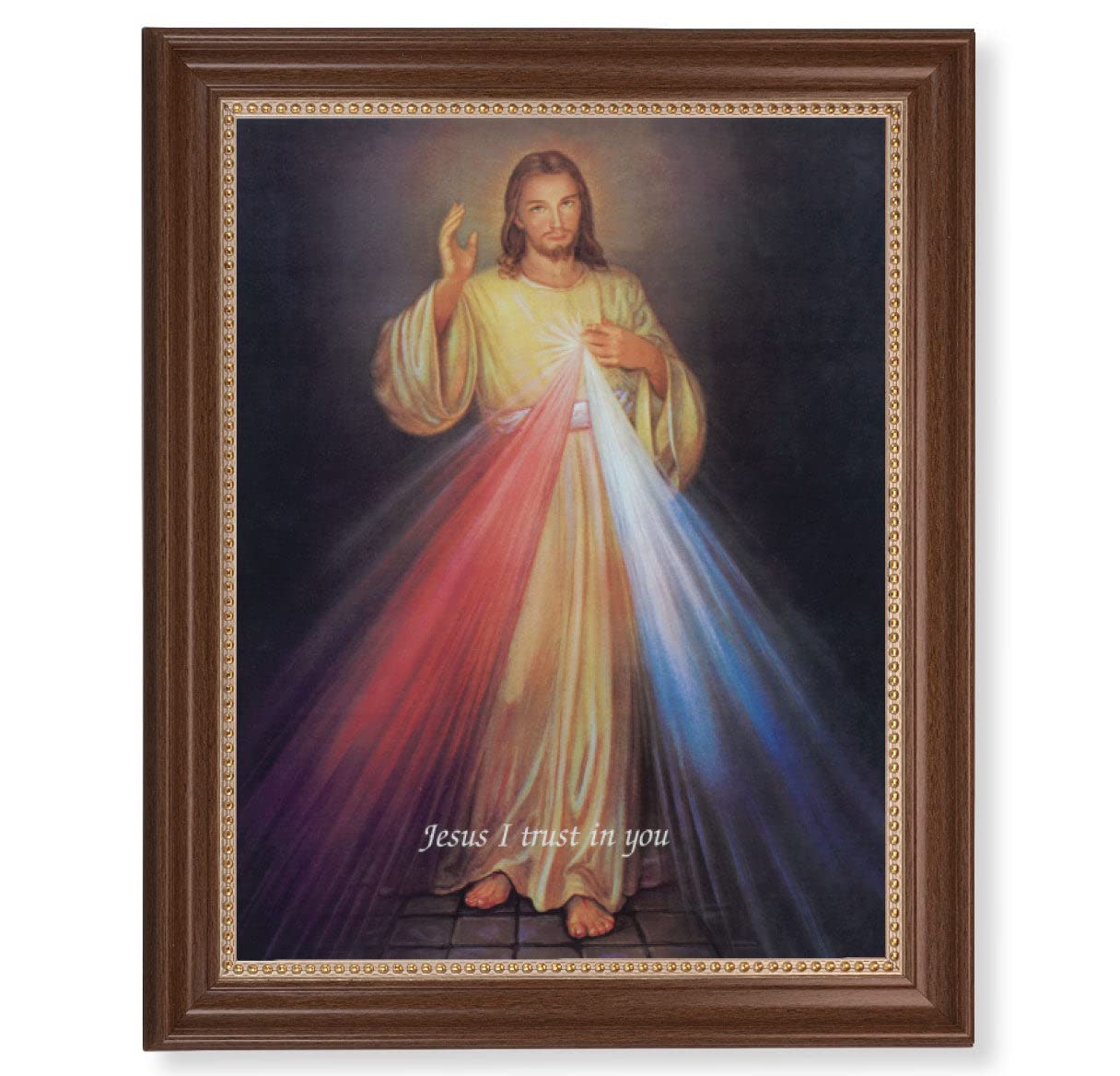 Divine Mercy Framed Wall Art - Extra Large Religious Picture in Classic Dark Walnut Wood Frame with Gold Beaded Trim - Perfect for Home, Church & Prayer Room Decor