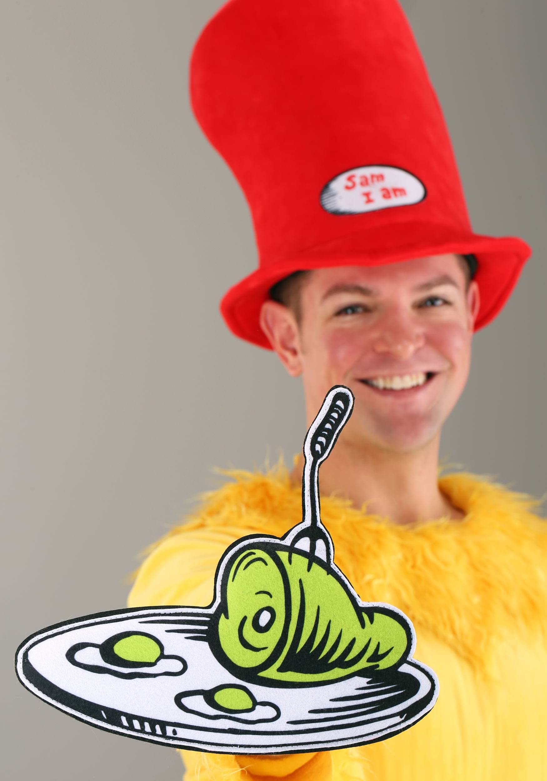 Dr. Seuss Sam I Am Officially Licensed Adult Costume - Velour Tunic, Adjustable Hat, Faux Fur Collar & Felt Tray for Halloween, Cosplay & Book-Themed Parties