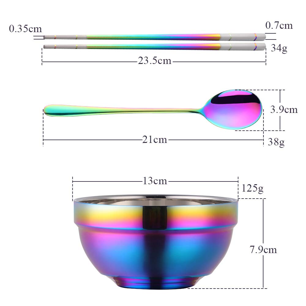 Premium 24-Piece SUS 304 Stainless Steel Bowl Set with Spoon & Chopsticks - 19oz Double-Walled Metal Rice & Cereal Bowls for Home, Restaurant & Kitchen Use - Rainbow Color Collection for Adults & Kids - Perfect for Dining, Serving, Camping & Meal Prep