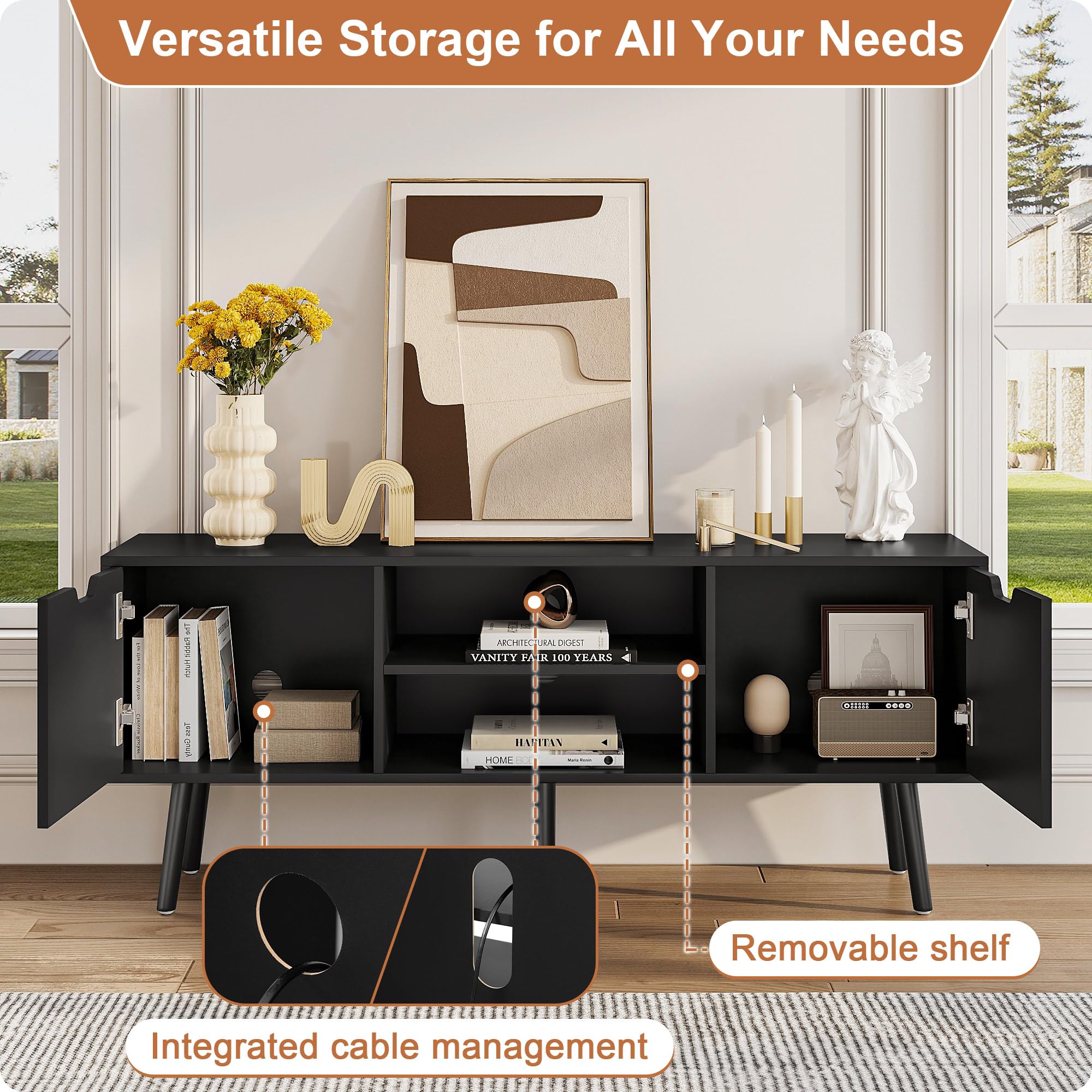 ALINE FURNITURE Black TV Stand - Wooden TV Console Cabinet for 50 55 60 Inch Flat Screen TVs - Modern Media Entertainment Center with Storage Shelves - Perfect for Living Room, Bedroom & Home Theater Setup
