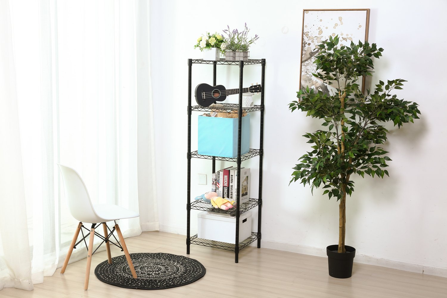 HollyHOME 5-Tier Adjustable Heavy Duty Steel Wire Shelving Rack - Space Saving Storage Shelf for Small Spaces, Room Corners, Bathroom, Kitchen & Garage - Thick Metal Tube Construction in Black