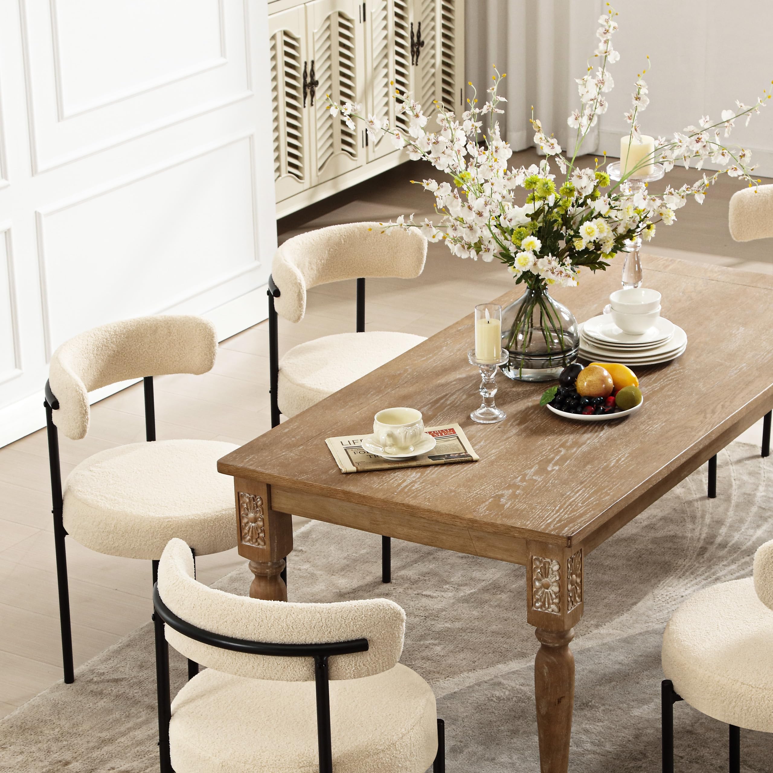 4-Piece Beige Boucle Dining Chairs Set - Curved Backrest Modern Upholstered Chairs with Thick Round Seat | Mid Century Kitchen & Dining Room Furniture | Perfect for Family Gatherings & Dinner Parties