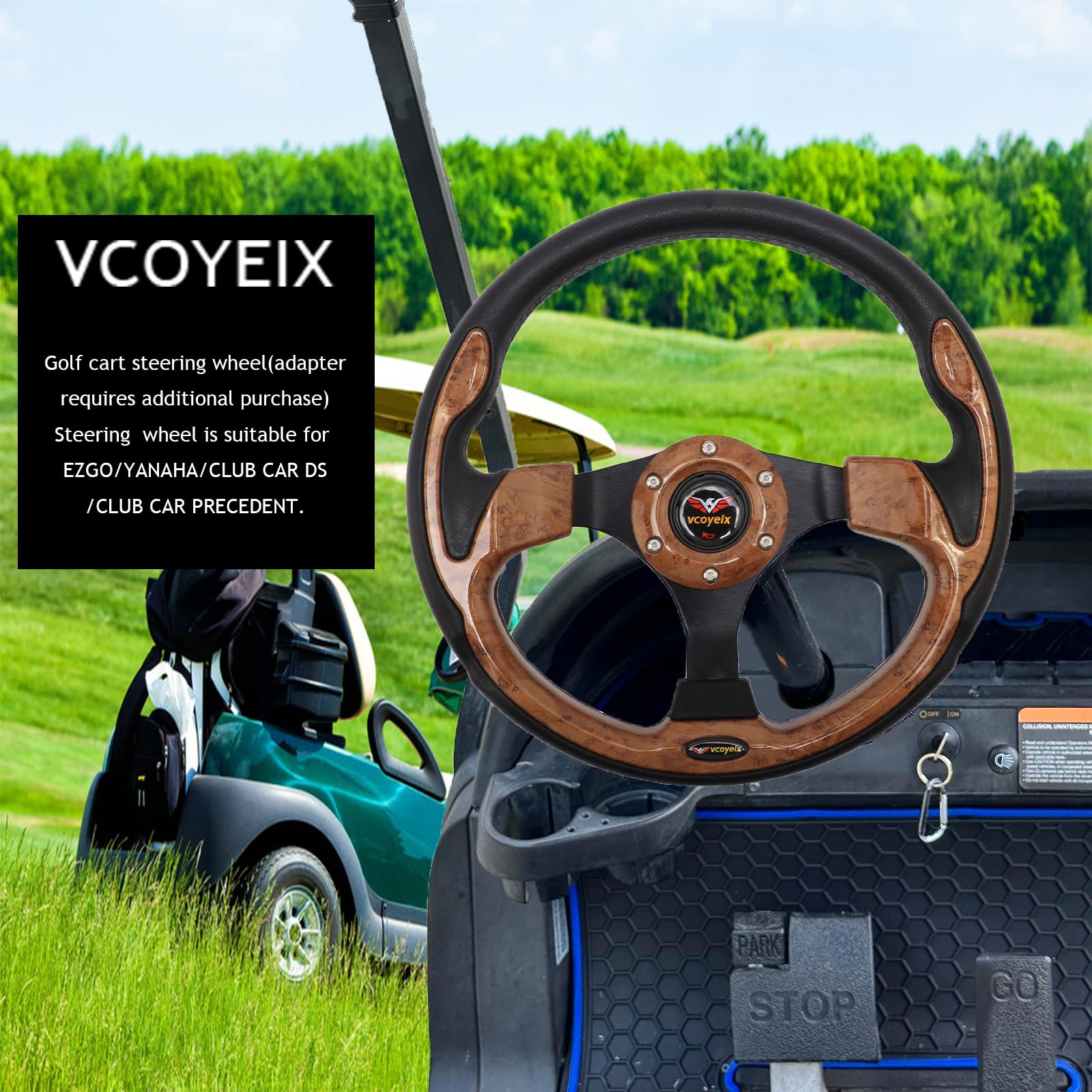 12.5 Inch Golf Cart Steering Wheel - Universal Fit for Yamaha, Club Car DS Precedent Tempo, EZGO TXT RXV - Wood Grain Racing Style - Perfect for Golf Cart Upgrades & Customization