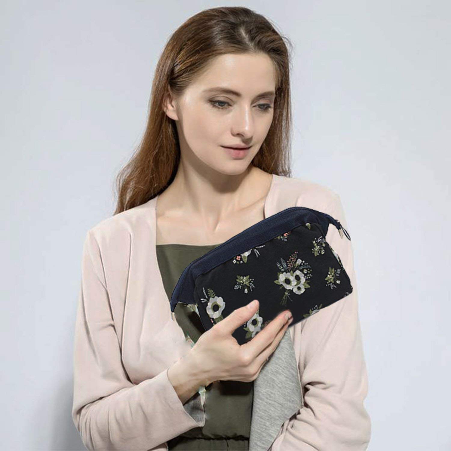 Favria Polyester Cosmetic Toiletry Bag for Women - Waterproof Travel Makeup Organizer with Zippered Pockets, Wristlet Handle - Blue Floral Design | Perfect for Travel, Gym, Beach & Daily Essentials Storage
