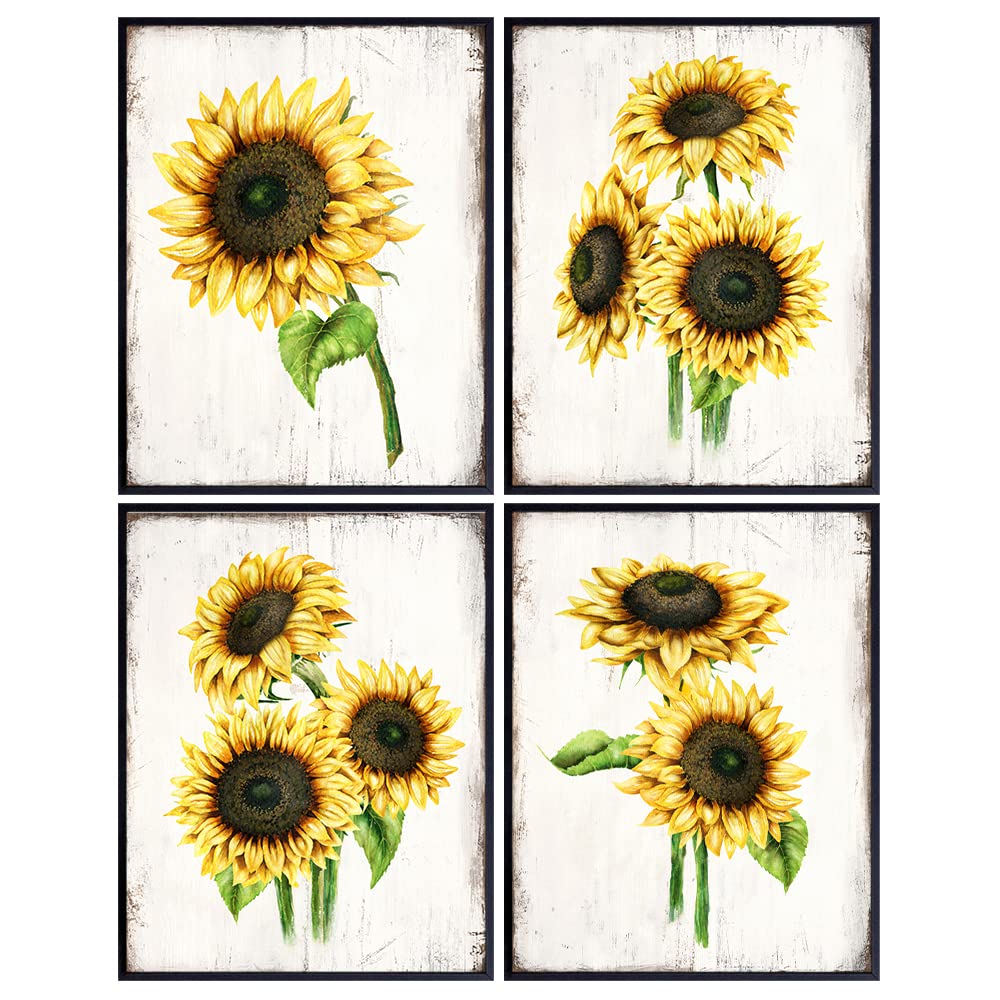 Farmhouse Sunflowers Wall Art - Rustic Vintage Home Decor for Kitchen, Dining Room, Bedroom & Bathroom - Boho Country Housewarming Gift for Women - Yellow Green Picture Set - Perfect for Farmhouse, Cottage & Apartment Decor