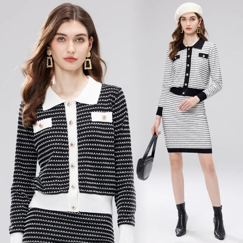 Luxury Knitted Two-Piece Set for Women - Autumn Winter Small Collar Cardigan Jacket with High Waist Slim Fit Skirt | Office Wear, Date Night Outfits, Casual Chic Fashion