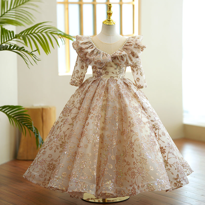 Sparkling Gold Sequin Flower Girl Dress with Long Sleeves - Elegant A-Line Design for Weddings, Parties & Special Occasions