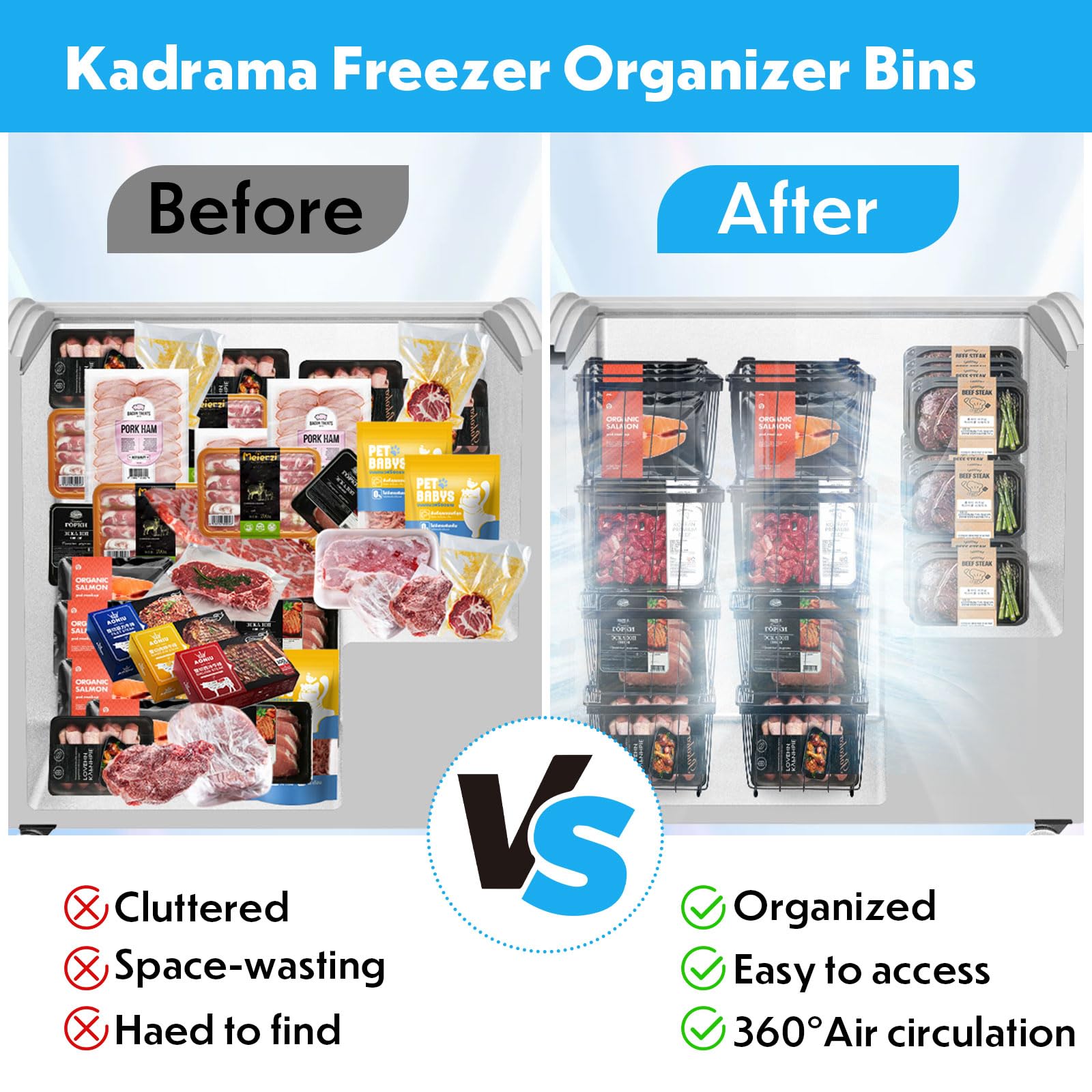 4 Pack Stackable Freezer Organizer Bins - Metal Wire Storage Baskets with Handles for 5 & 7 Cu.FT Chest Freezers - Pantry & Deep Freezer Organization - Perfect for Frozen Food Storage & Kitchen Organization