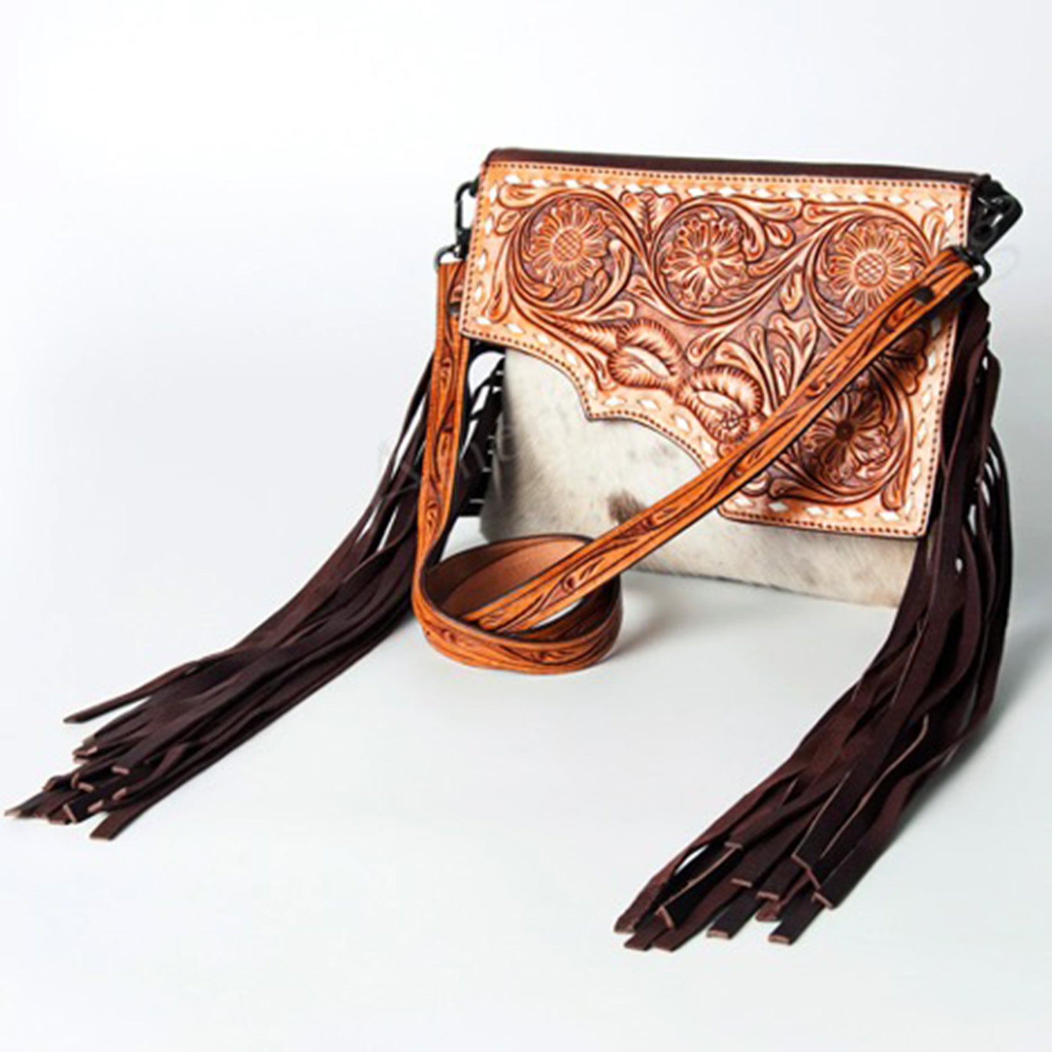 American Darling Genuine Leather Fringe Tooled Crossbody Purse for Women - Boho Chic Handbag for Casual Outings, Music Festivals & Date Nights